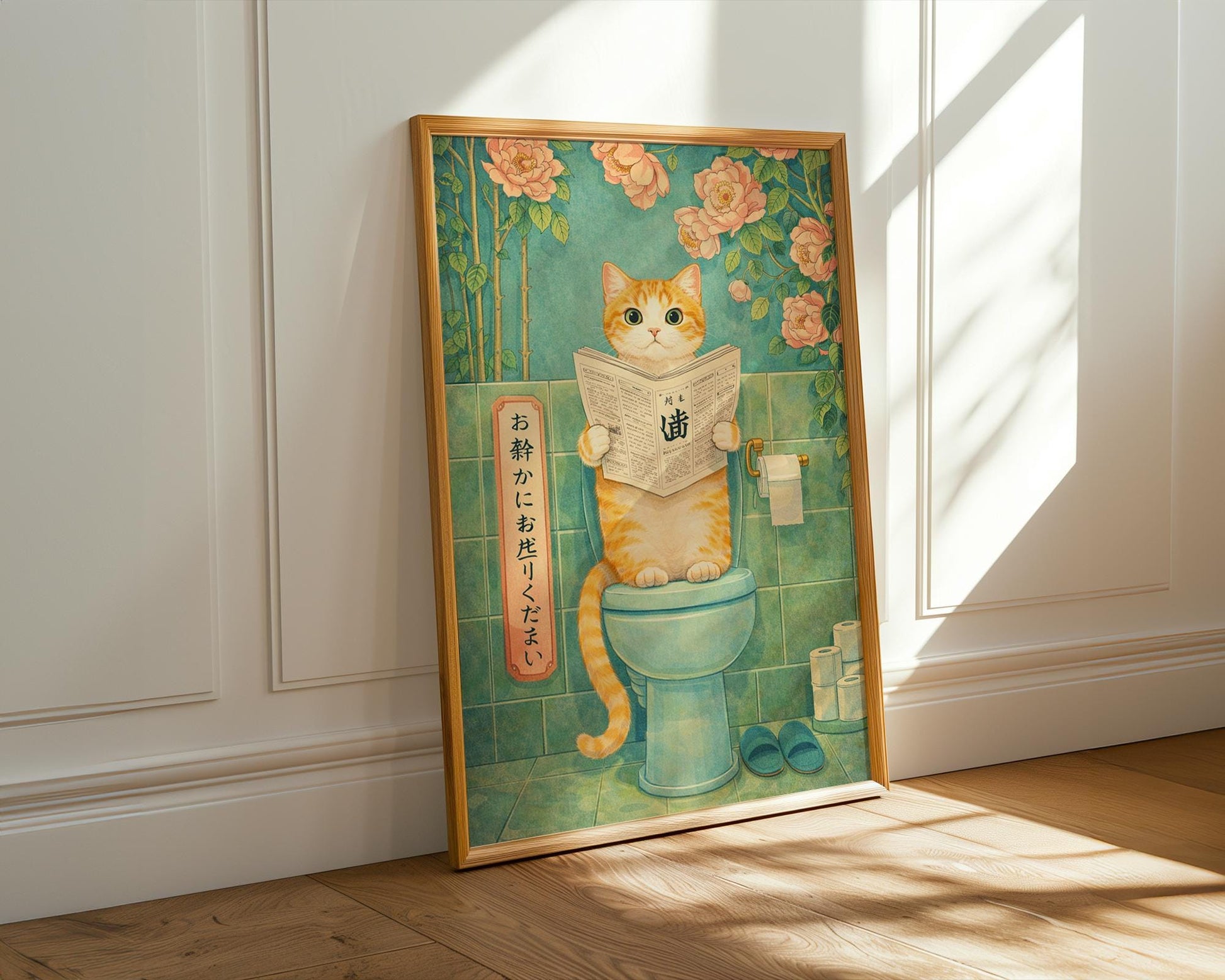 Japanese Cat Bathroom Print – Funny Toilet Wall Art, Vintage Style Cat Art, Quirky Bathroom Decor, Cat Lover Gift, Japanese Cat Art