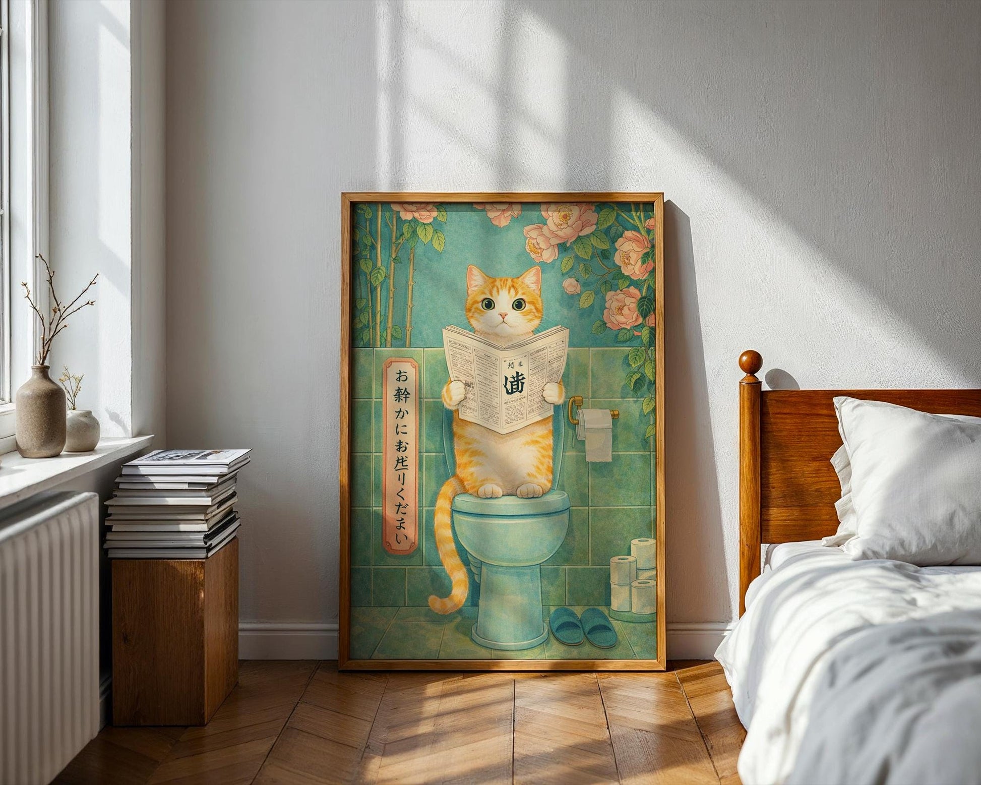Japanese Cat Bathroom Print – Funny Toilet Wall Art, Vintage Style Cat Art, Quirky Bathroom Decor, Cat Lover Gift, Japanese Cat Art