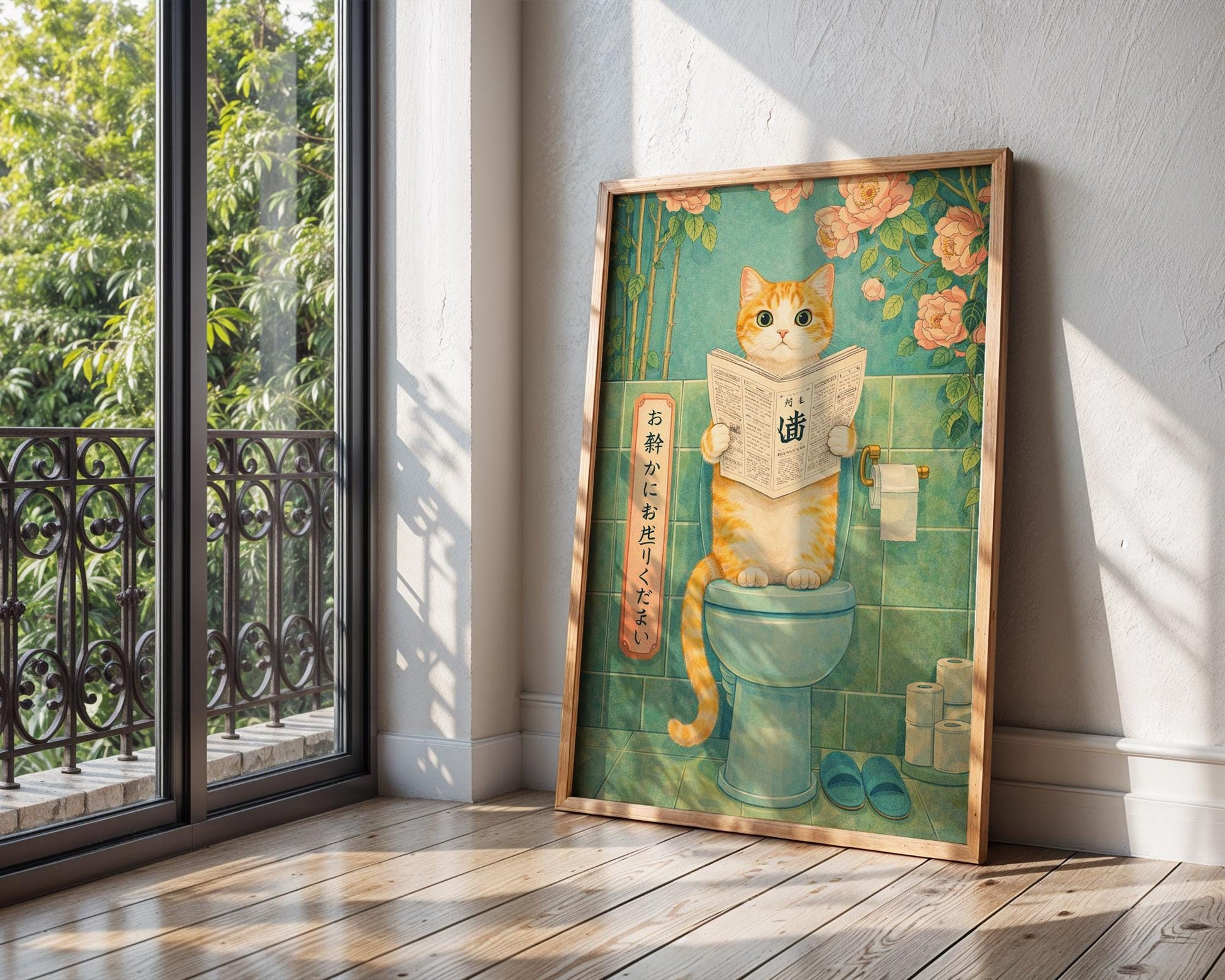Japanese Cat Bathroom Print – Funny Toilet Wall Art, Vintage Style Cat Art, Quirky Bathroom Decor, Cat Lover Gift, Japanese Cat Art