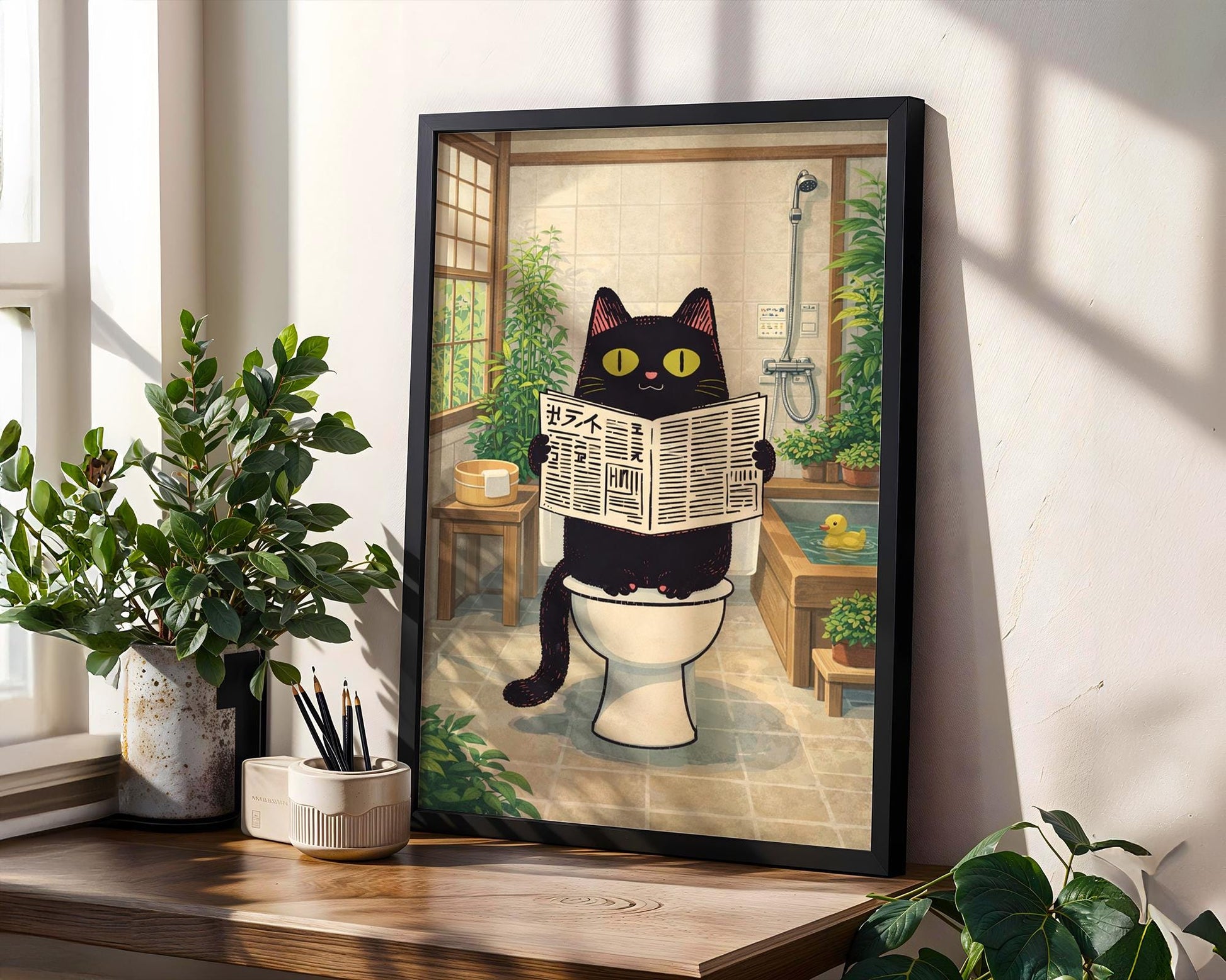 Funny Cat Bathroom Print – Japanese Style Black Cat on Toilet Wall Art – Quirky Bathroom Decor – Cat Lover Gift
