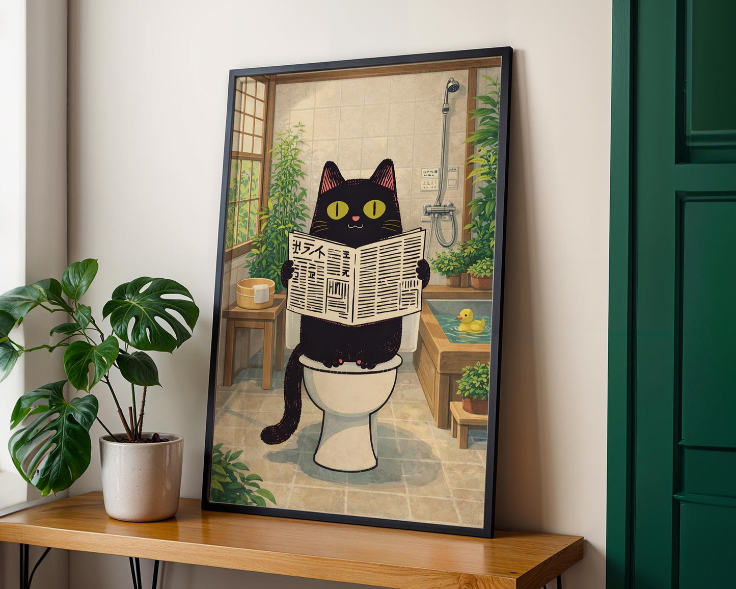 Funny Cat Bathroom Print – Japanese Style Black Cat on Toilet Wall Art – Quirky Bathroom Decor – Cat Lover Gift