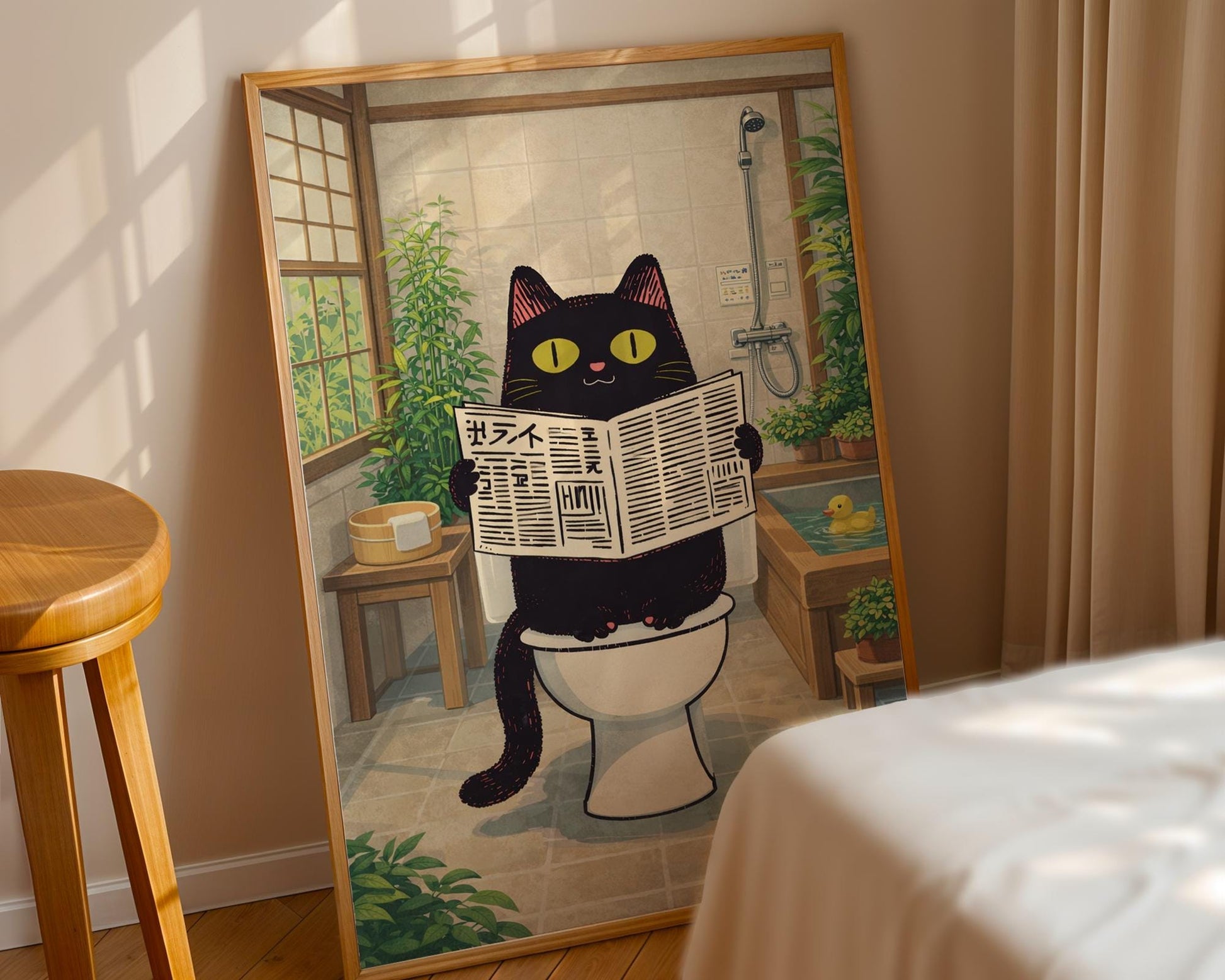 Funny Cat Bathroom Print – Japanese Style Black Cat on Toilet Wall Art – Quirky Bathroom Decor – Cat Lover Gift