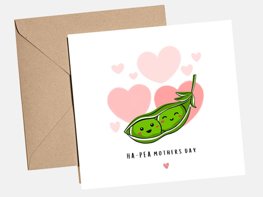 Cute Mother‚Äôs Day card featuring smiling peas in a pod illustration with pink hearts and ‚ÄúHa-Pea Mothers Day‚Äù pun text