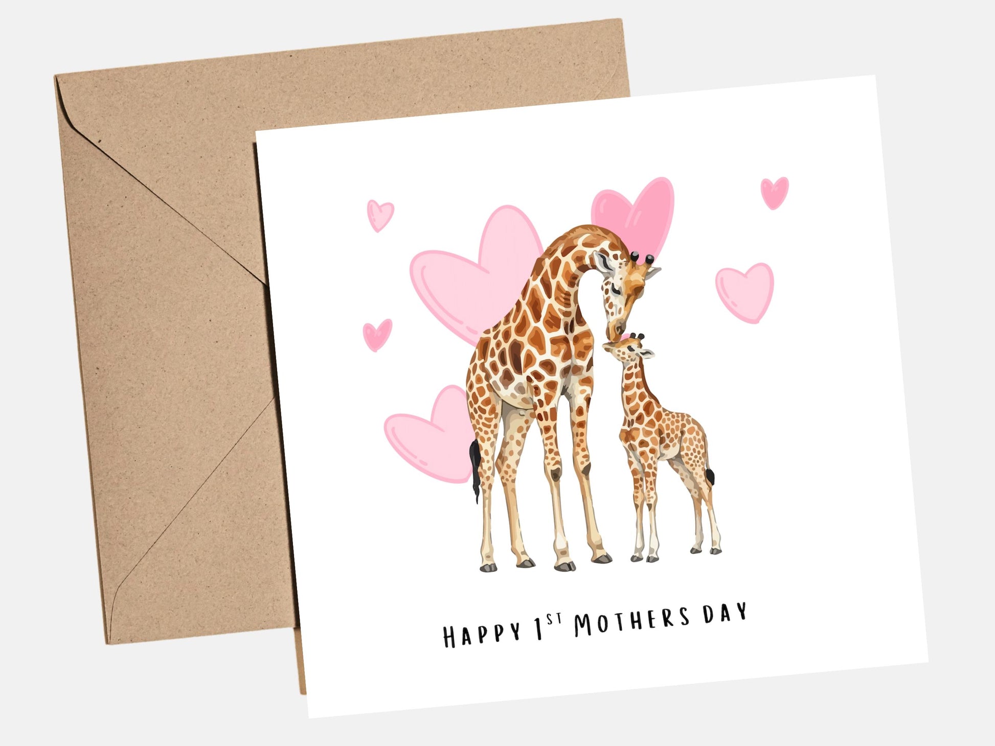 First Mother‚Äôs Day card featuring illustrated giraffe mum and baby with pink hearts and ‚ÄúHappy 1st Mothers Day‚Äù text