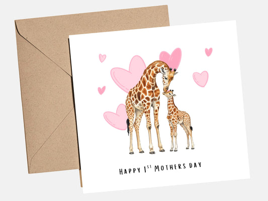 First Mother‚Äôs Day card featuring illustrated giraffe mum and baby with pink hearts and ‚ÄúHappy 1st Mothers Day‚Äù text