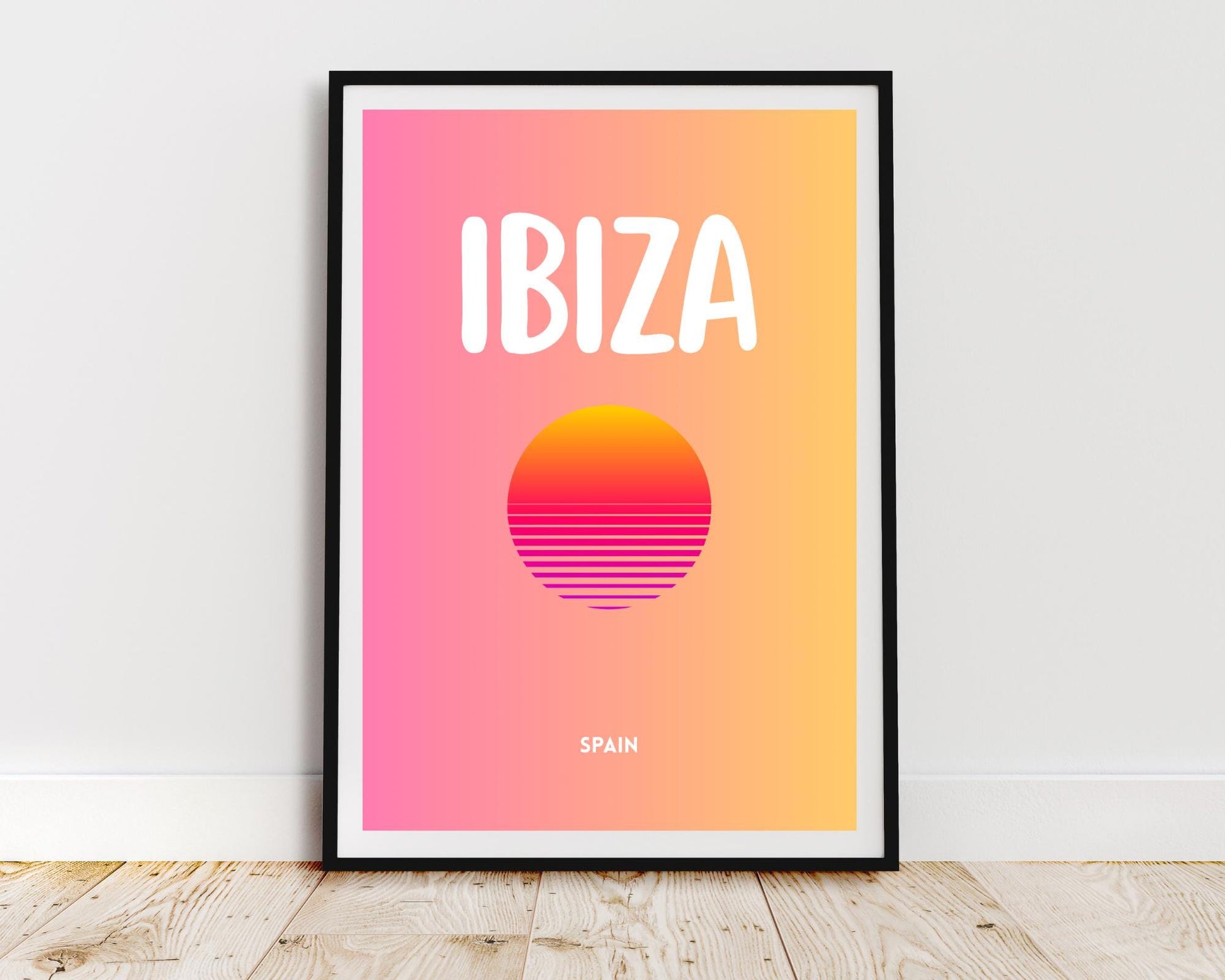 Minimal Ibiza wall art print featuring a colourful sunset design inspired by the Spanish island of Ibiza.
