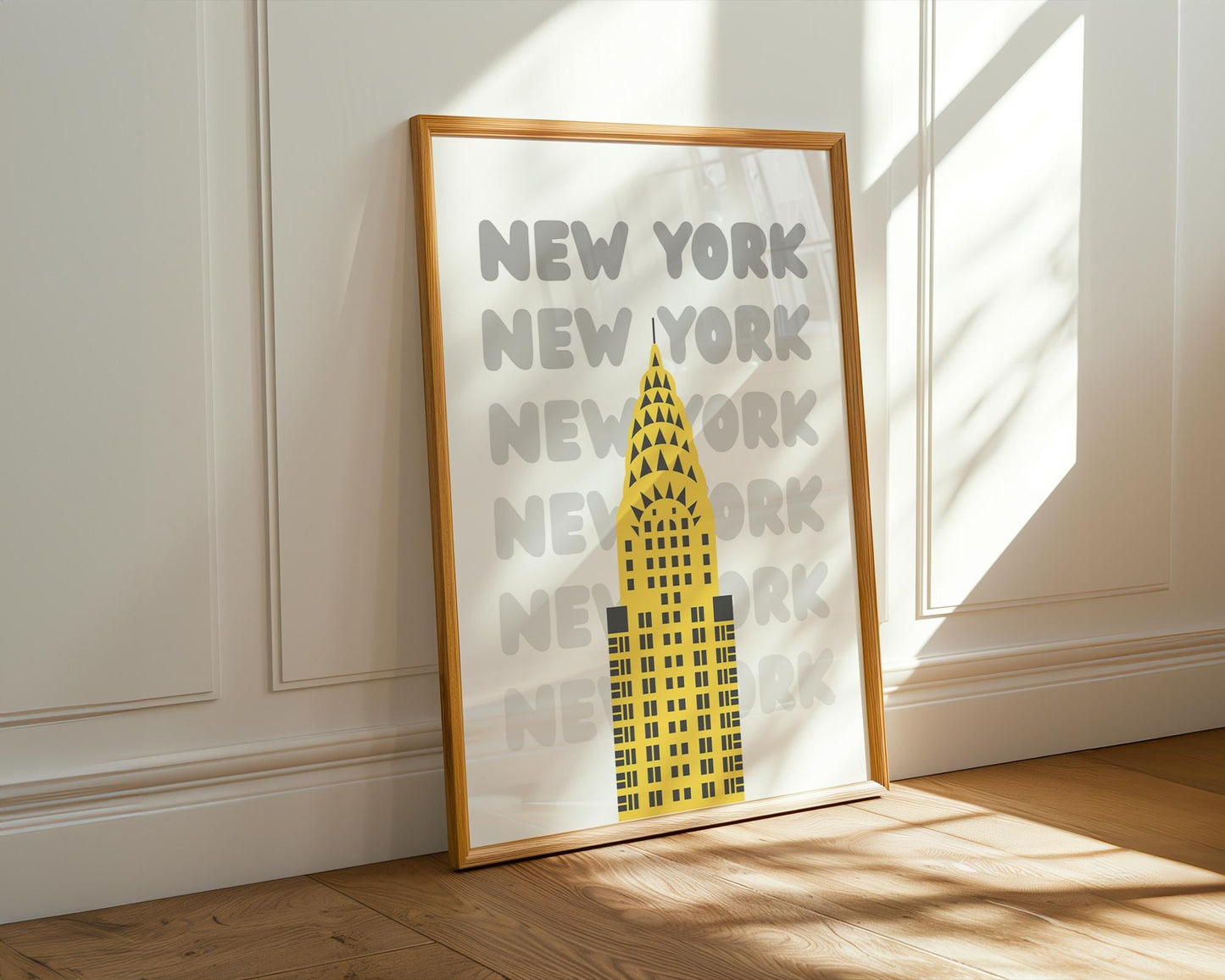 Minimal New York City wall art print set featuring modern landmark illustrations in neutral tones.