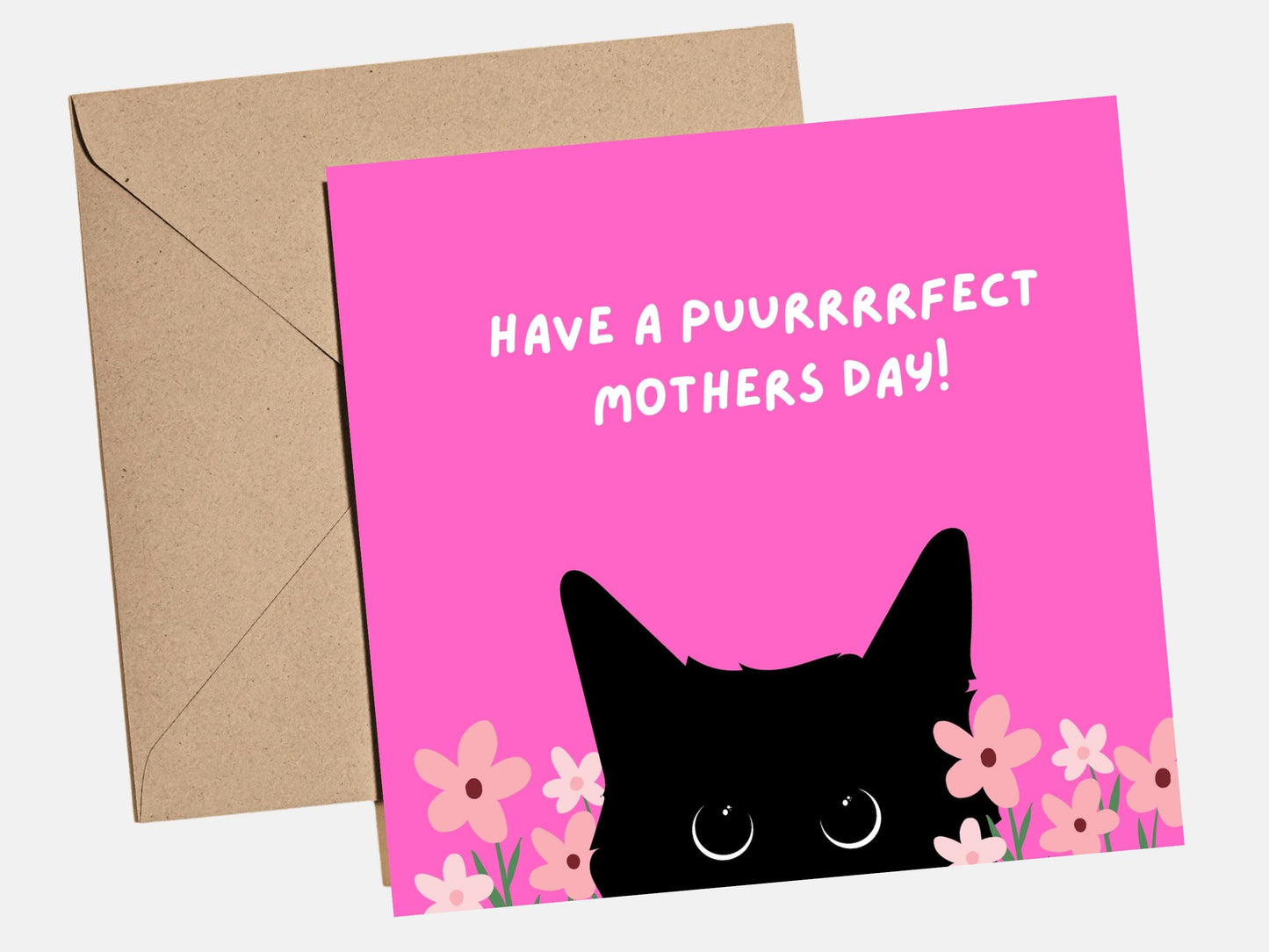 Cute black cat Mother‚Äôs Day card with pink background and text ‚ÄúHave a Purrrfect Mother‚Äôs Day‚Äù for cat mum