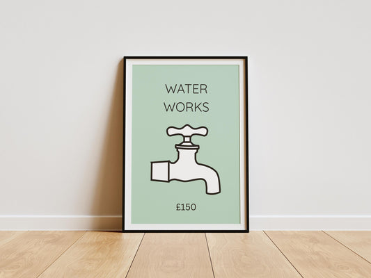 Funny bathroom wall art print featuring a minimalist tap illustration with the words “Water Works,” designed as modern bathroom decor.