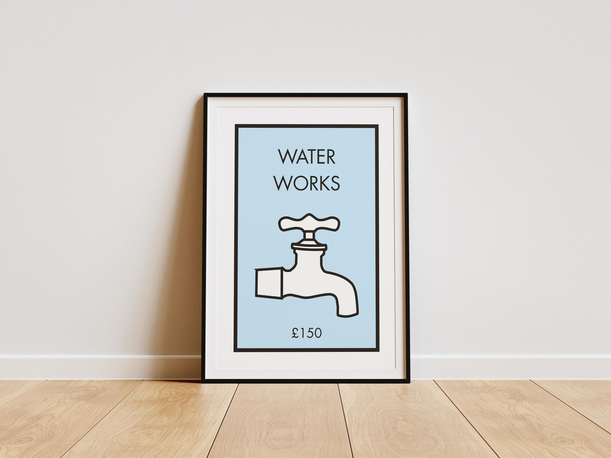Bathroom sign print featuring a modern tap illustration and the words “Water Works,” designed as typography-style wall art for contemporary interiors.