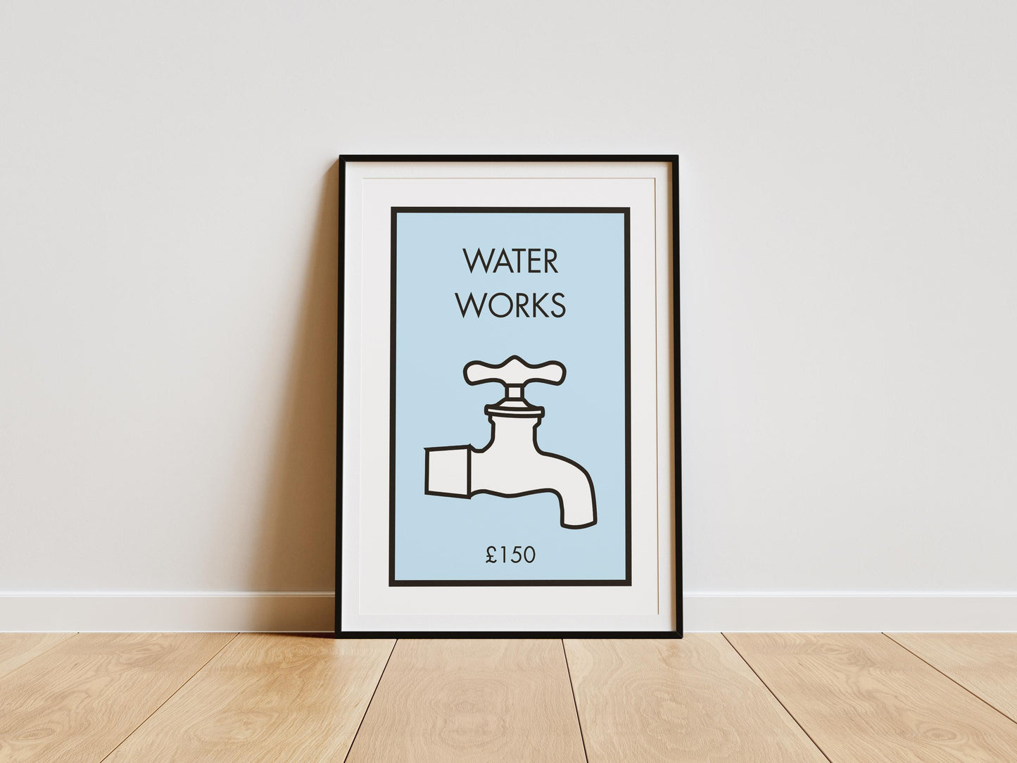 Bathroom sign print featuring a modern tap illustration and the words “Water Works,” designed as typography-style wall art for contemporary interiors.