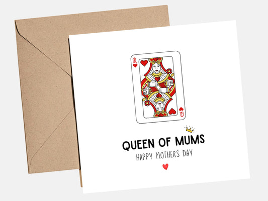 Queen of Hearts Mothers Day Card with Queen of Mums text, minimalist playing card design, modern Mother‚Äôs Day card for mum, white greeting card with red heart illustration and kraft envelope, UK printed