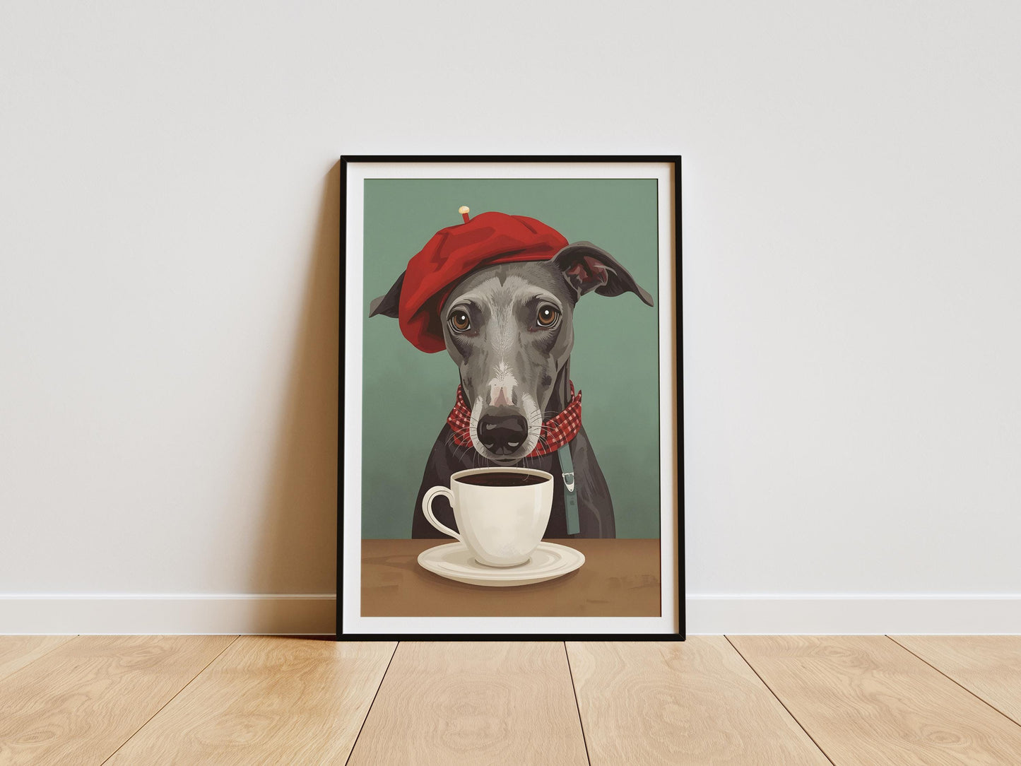 French cafe dog wall art with coffee cup, stylish greyhound print
