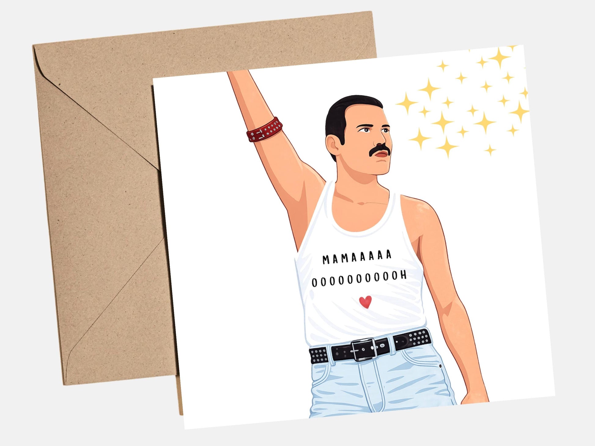 Funny Mother‚Äôs Day card featuring illustrated man in white vest with ‚ÄúMama Ooooh‚Äù text inspired by classic rock song