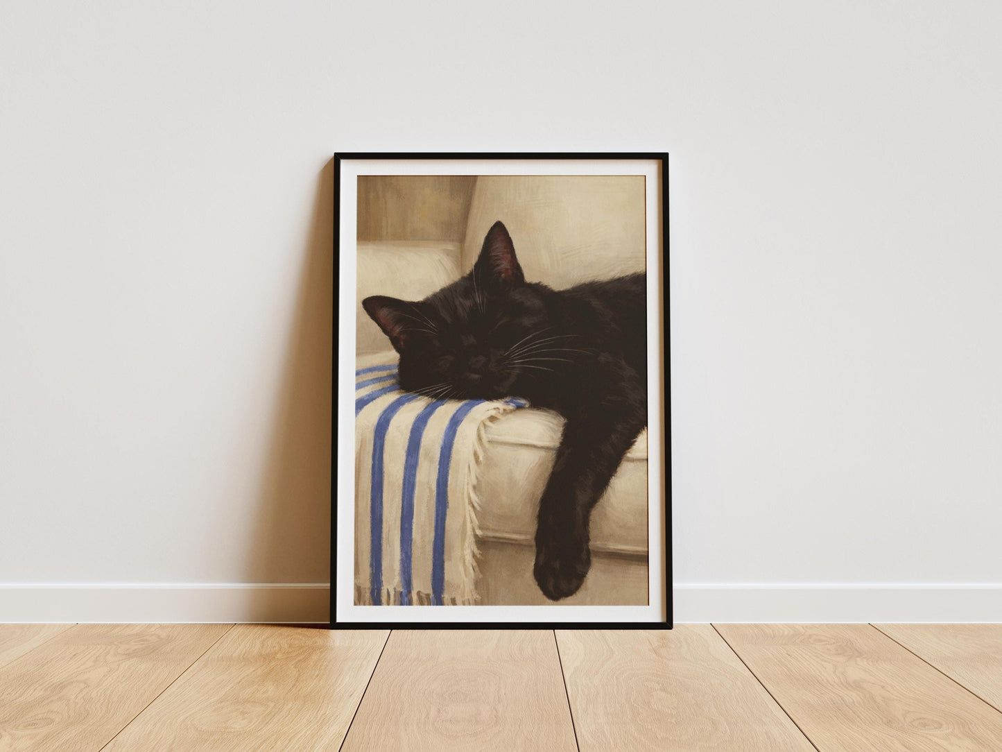 Sleeping black cat art print with cozy neutral tones, minimalist cat wall decor for bedrooms, nurseries, and cat lover gifts.