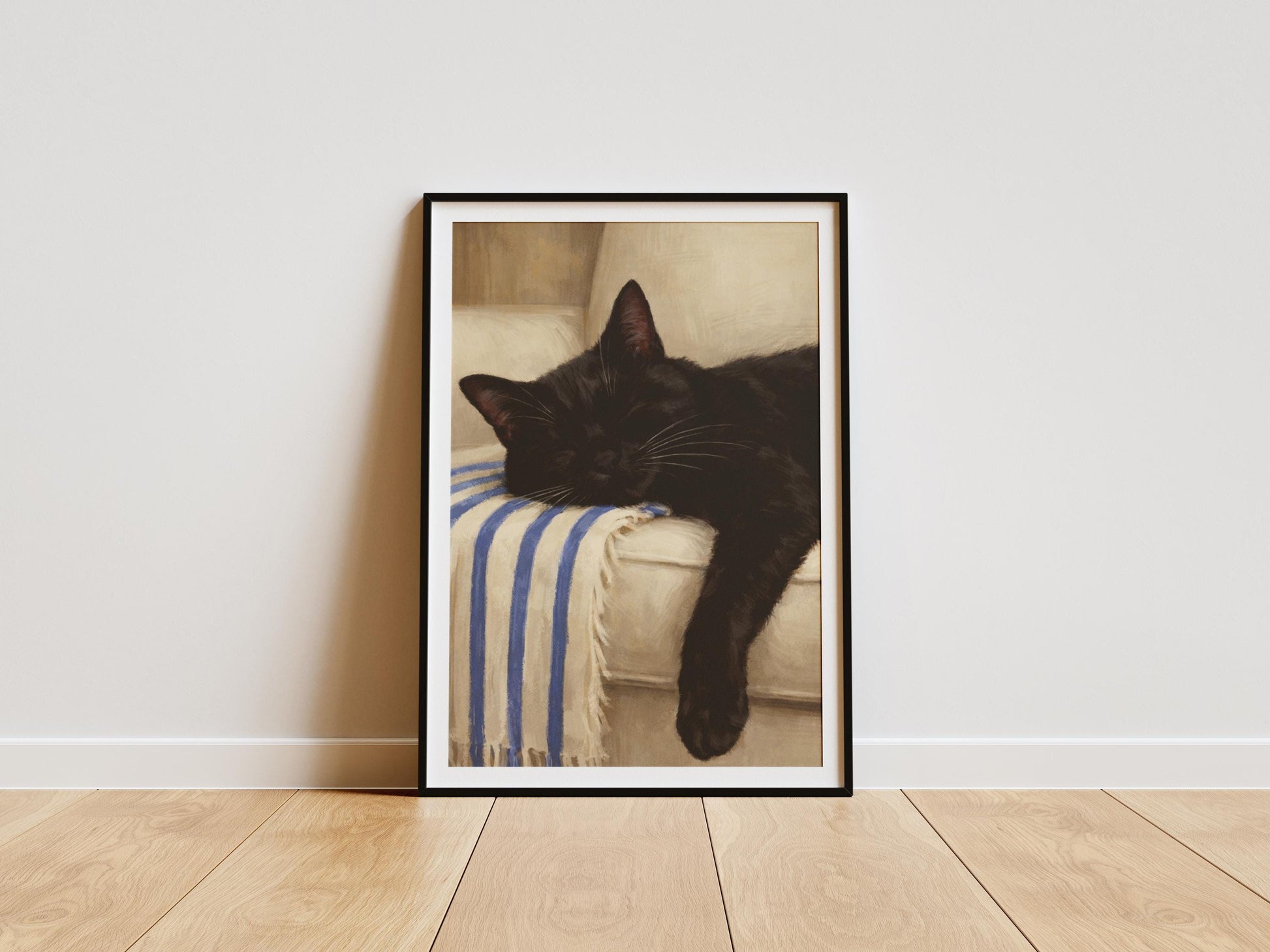 Sleeping black cat art print with cozy neutral tones, minimalist cat wall decor for bedrooms, nurseries, and cat lover gifts.