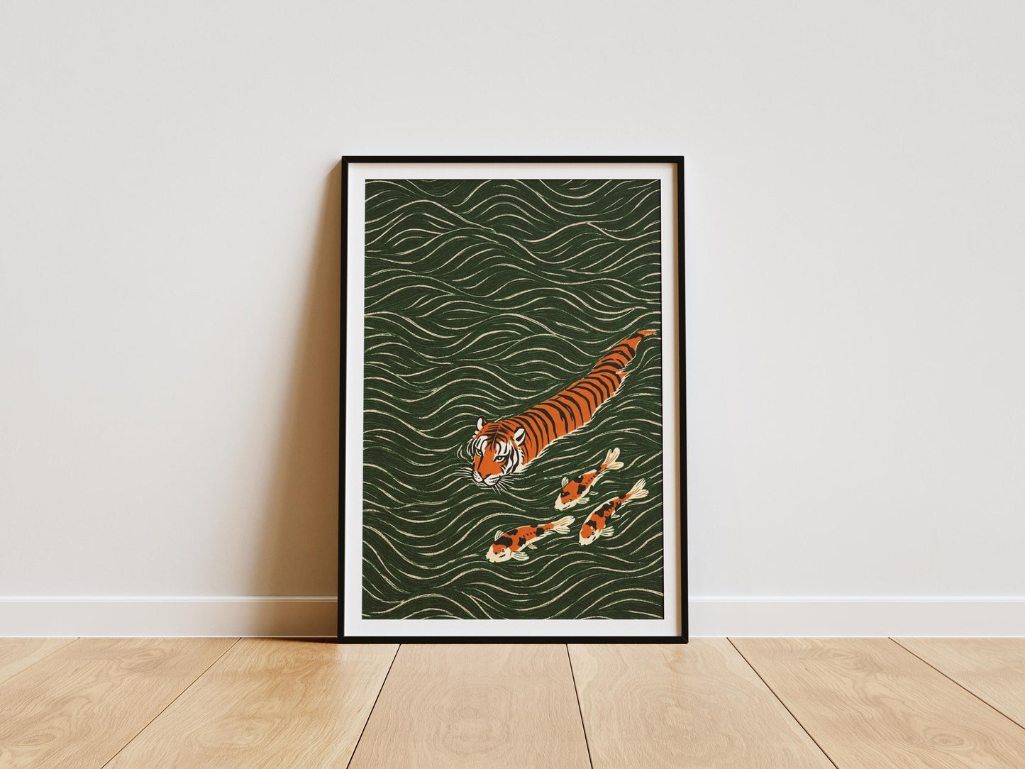 Japanese style tiger swimming with koi fish in green waves, ukiyo-e inspired animal art print, vintage Japanese illustration wall art