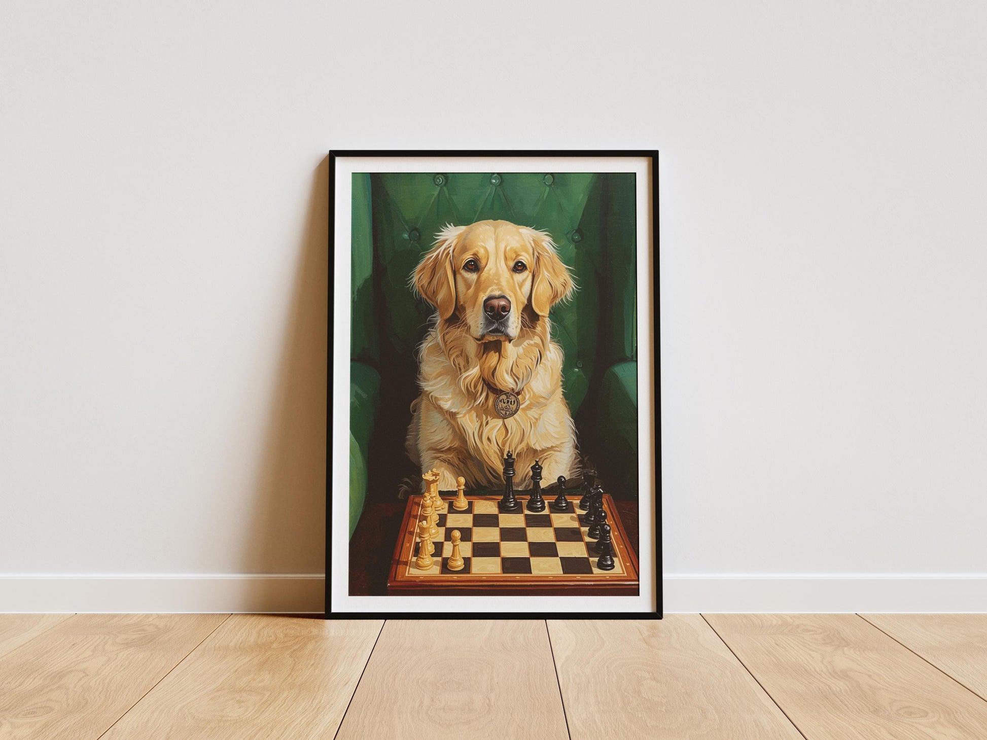 Chess board dog wall art print, elegant and quirky home decor