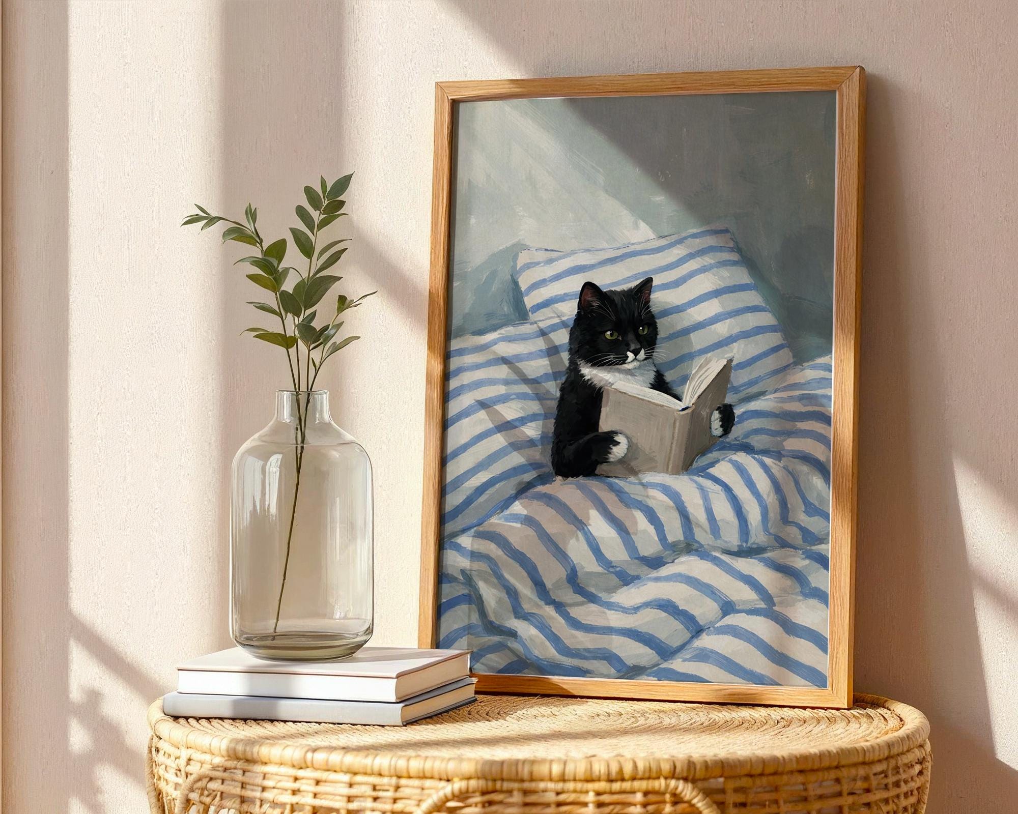 Tuxedo Cat Reading Print – Cozy Bedroom Wall Decor – Gift for Book Lover