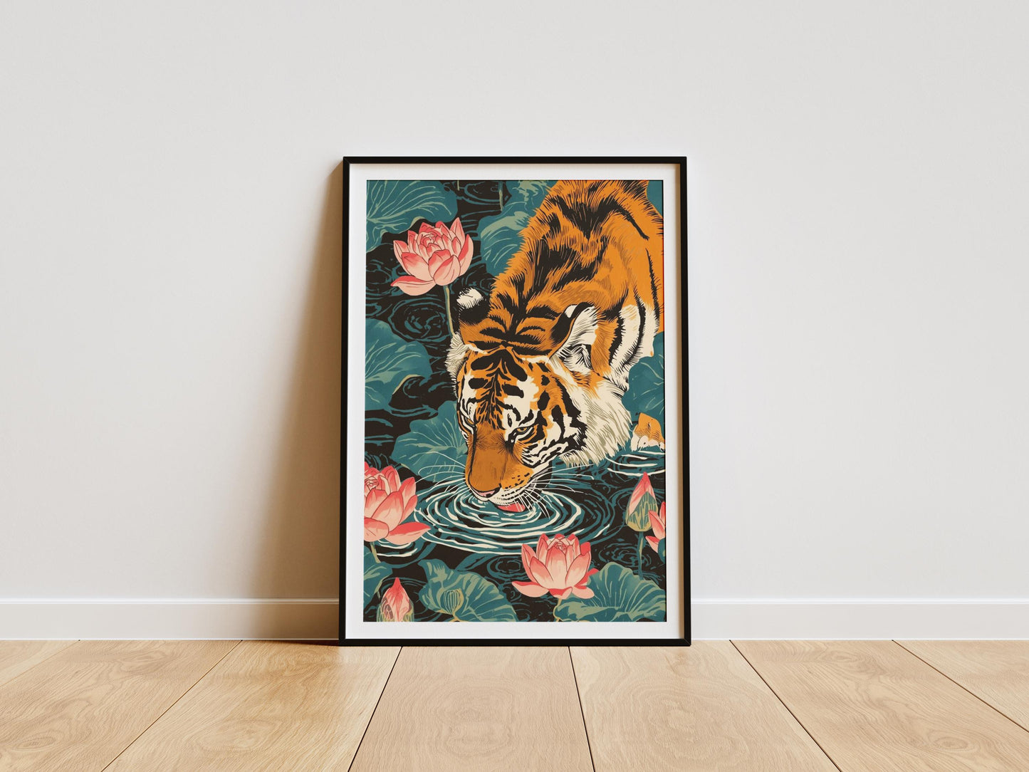 Tiger poster showing Japanese tiger drinking from water with lotus flowers, vintage ukiyo-e style animal wall art print
