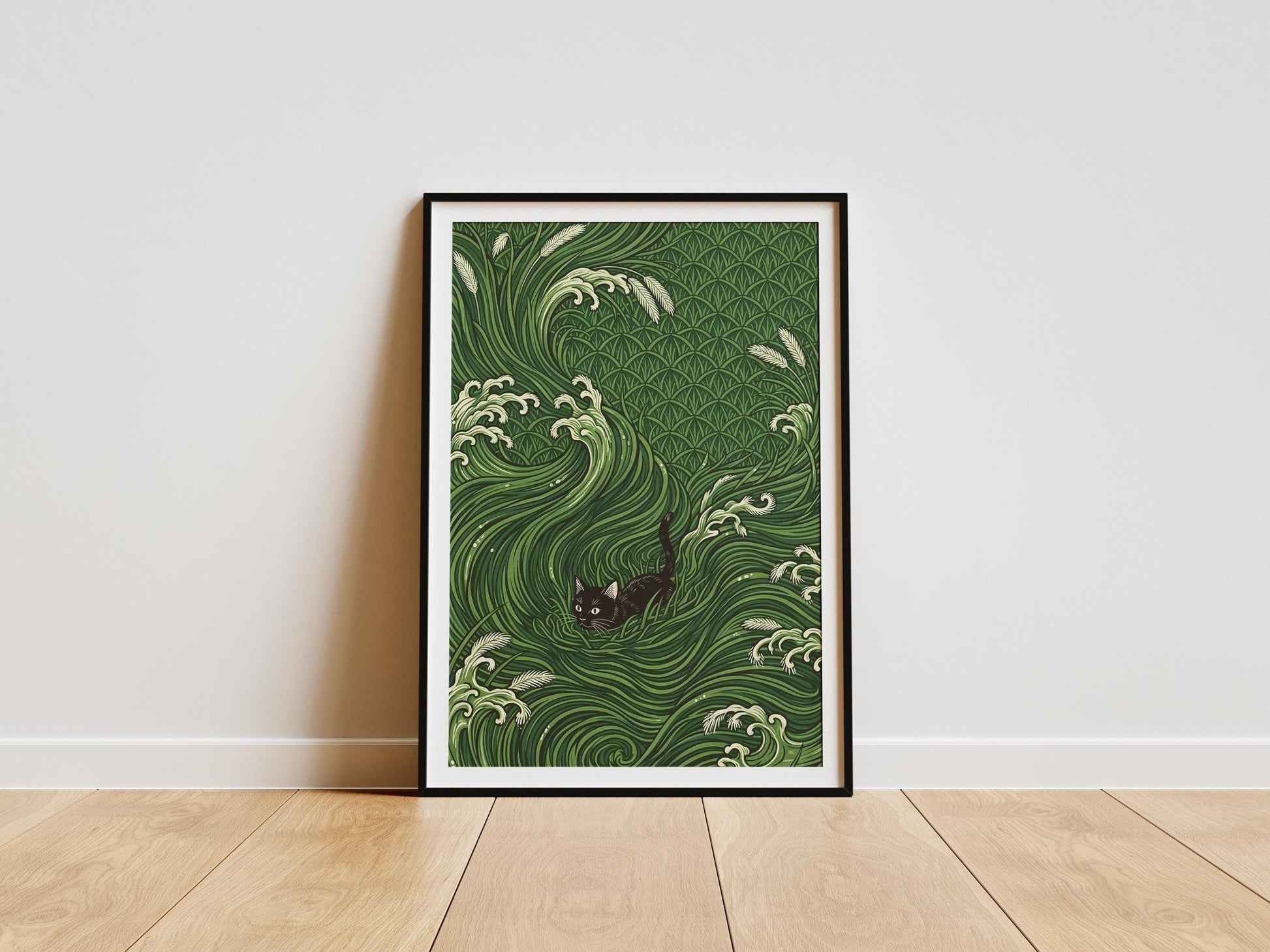 Cat poster with black cat in green waves, Japanese style animal wall art, vintage ukiyo e inspired illustration print