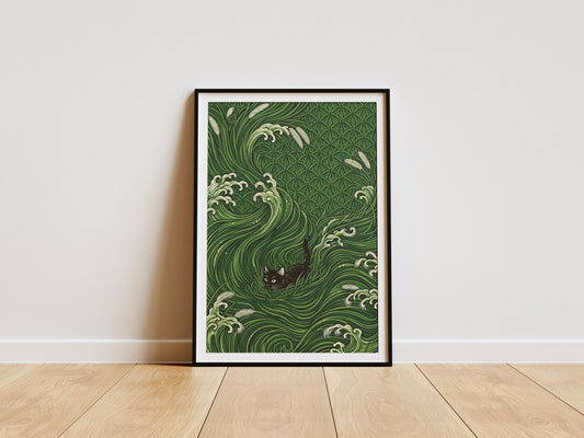 Cat poster with black cat in green waves, Japanese style animal wall art, vintage ukiyo e inspired illustration print