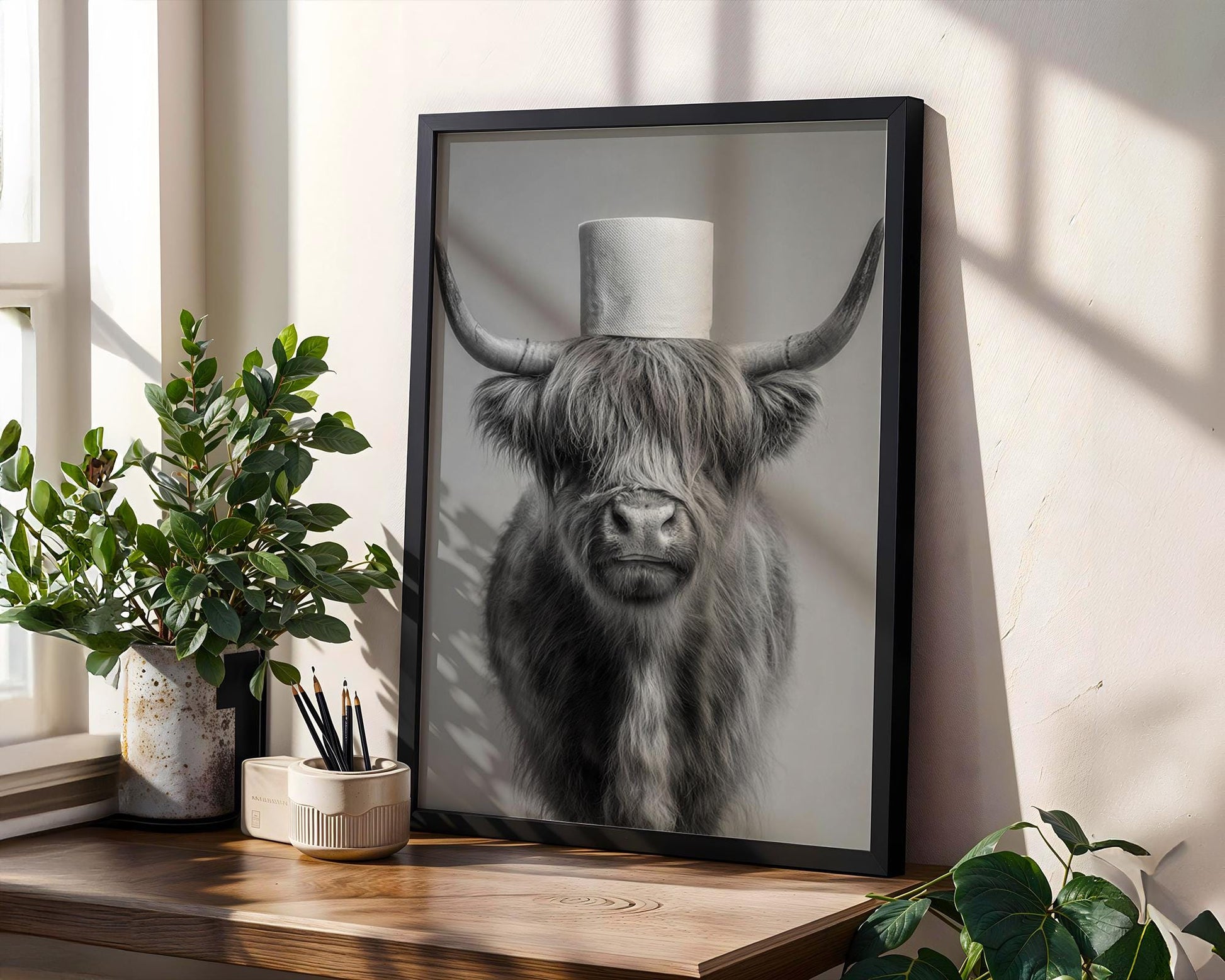 Highland Cow Bathroom Print - Funny Toilet Wall Art, Rustic Farm Animal Poster, Black White Cow Decor