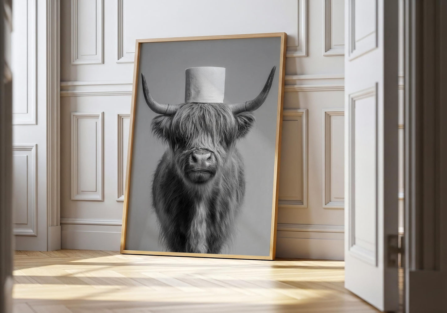 Highland Cow Bathroom Print - Funny Toilet Wall Art, Rustic Farm Animal Poster, Black White Cow Decor