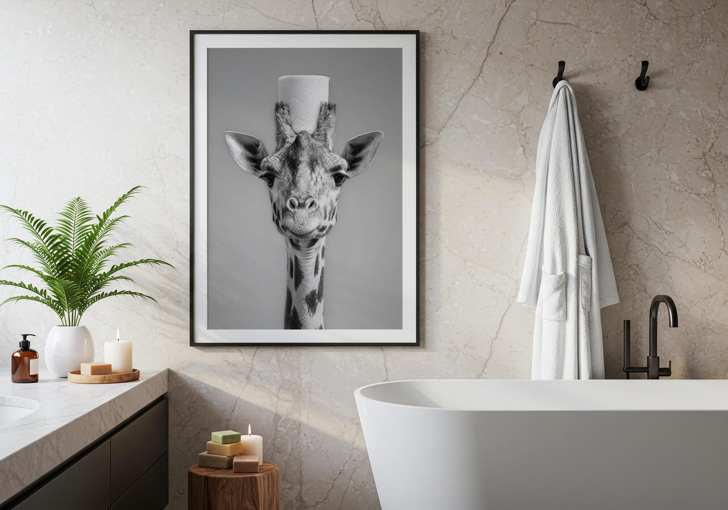 Giraffe Bathroom Print - Funny Toilet Paper Animal Wall Art, Black White Bathroom Decor, Quirky Giraffe Poster, Giraffe gifts