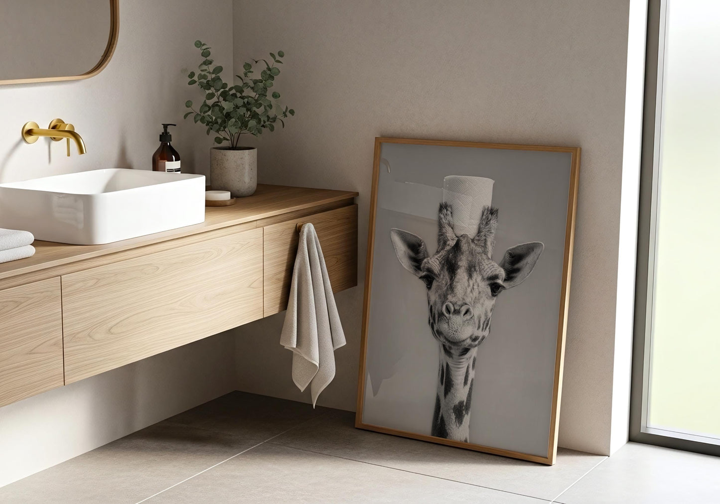Giraffe Bathroom Print - Funny Toilet Paper Animal Wall Art, Black White Bathroom Decor, Quirky Giraffe Poster, Giraffe gifts