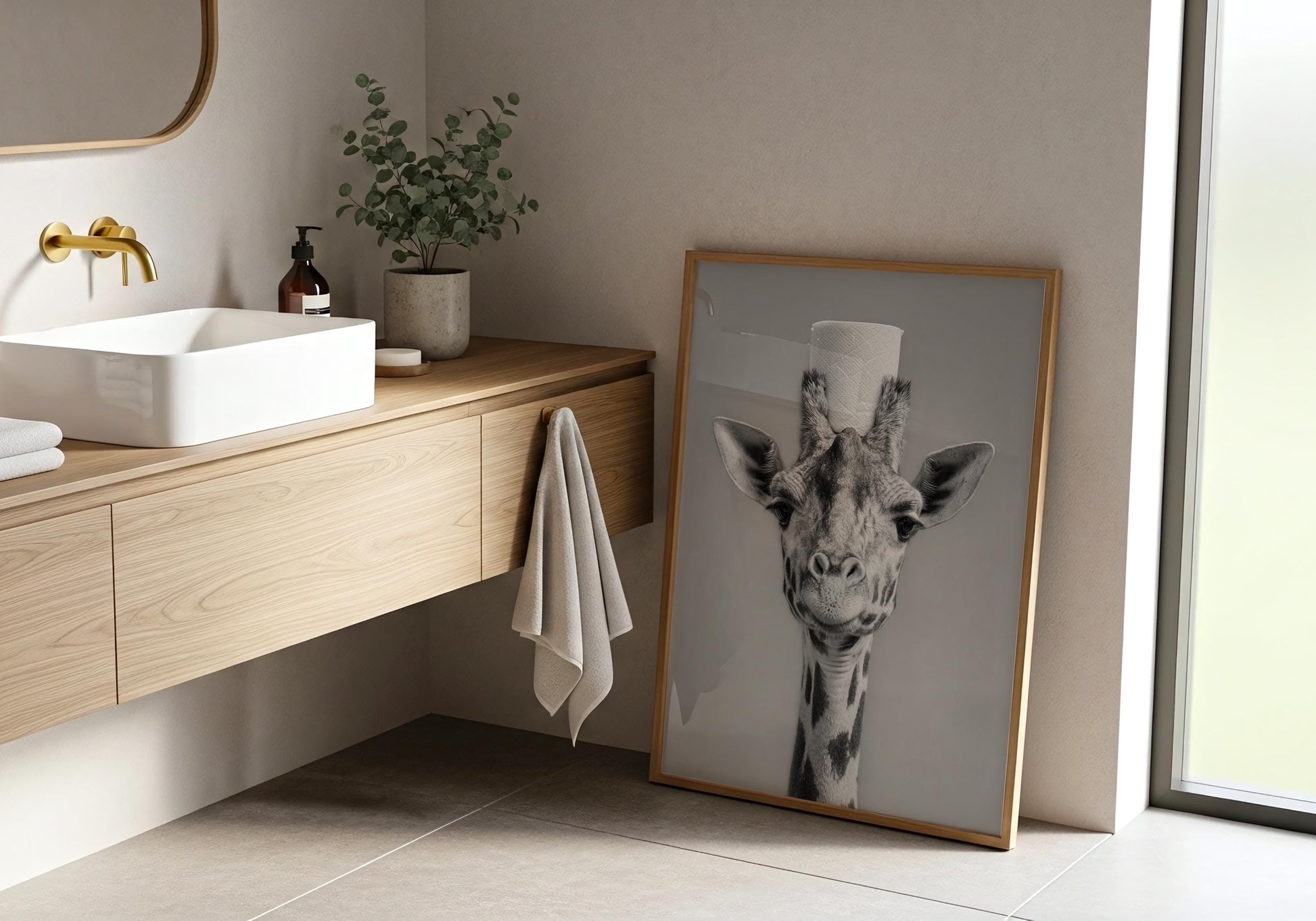Giraffe Bathroom Print - Funny Toilet Paper Animal Wall Art, Black White Bathroom Decor, Quirky Giraffe Poster, Giraffe gifts