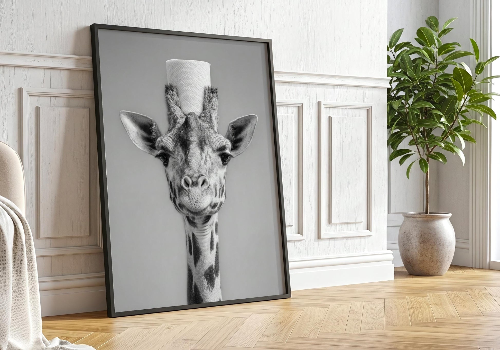 Giraffe Bathroom Print - Funny Toilet Paper Animal Wall Art, Black White Bathroom Decor, Quirky Giraffe Poster, Giraffe gifts