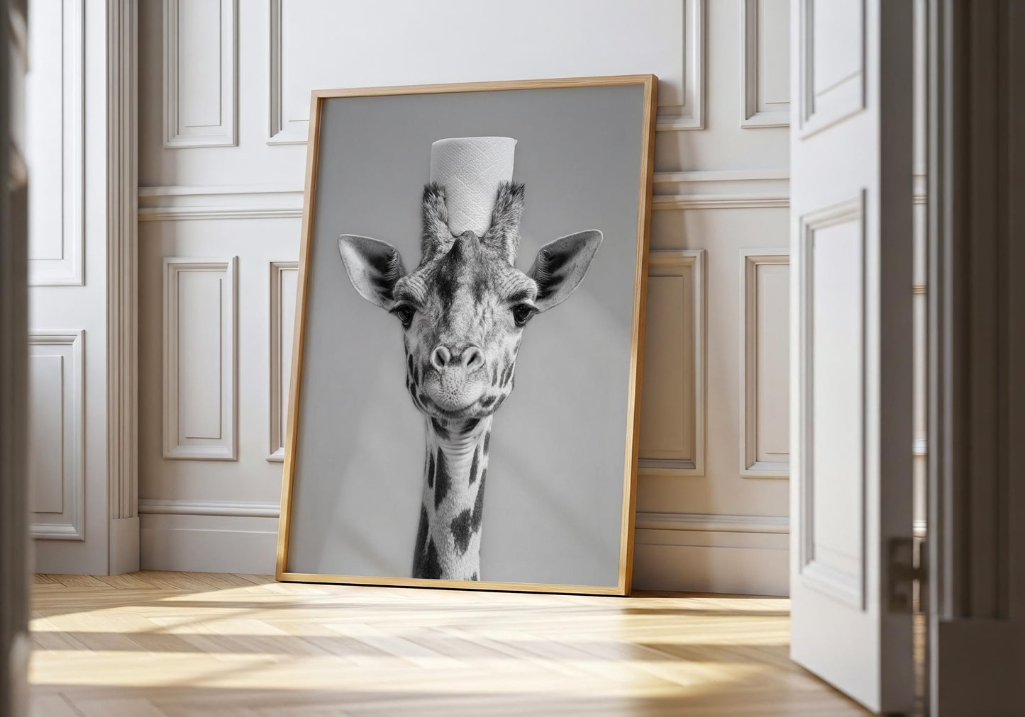 Giraffe Bathroom Print - Funny Toilet Paper Animal Wall Art, Black White Bathroom Decor, Quirky Giraffe Poster, Giraffe gifts