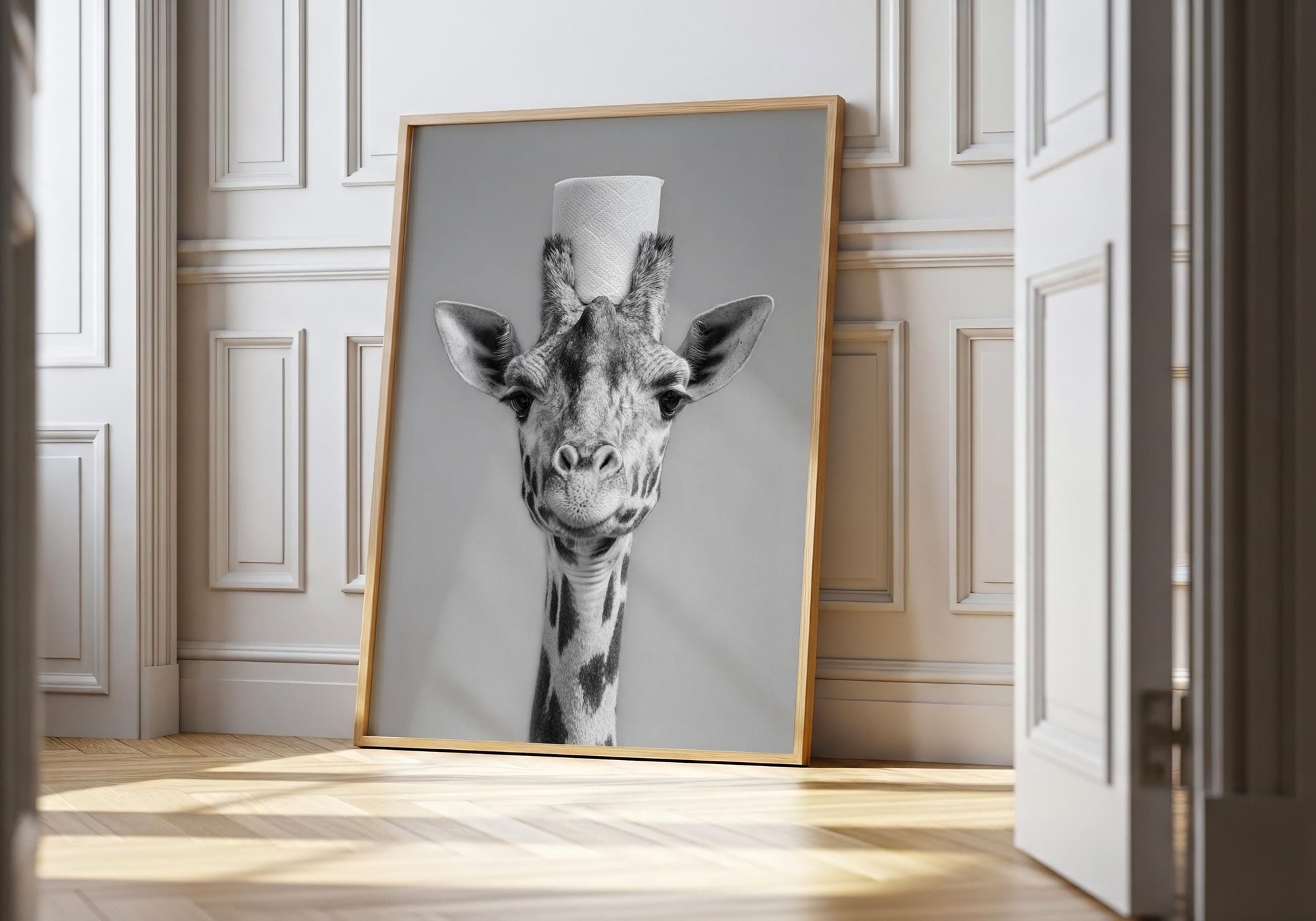 Giraffe Bathroom Print - Funny Toilet Paper Animal Wall Art, Black White Bathroom Decor, Quirky Giraffe Poster, Giraffe gifts