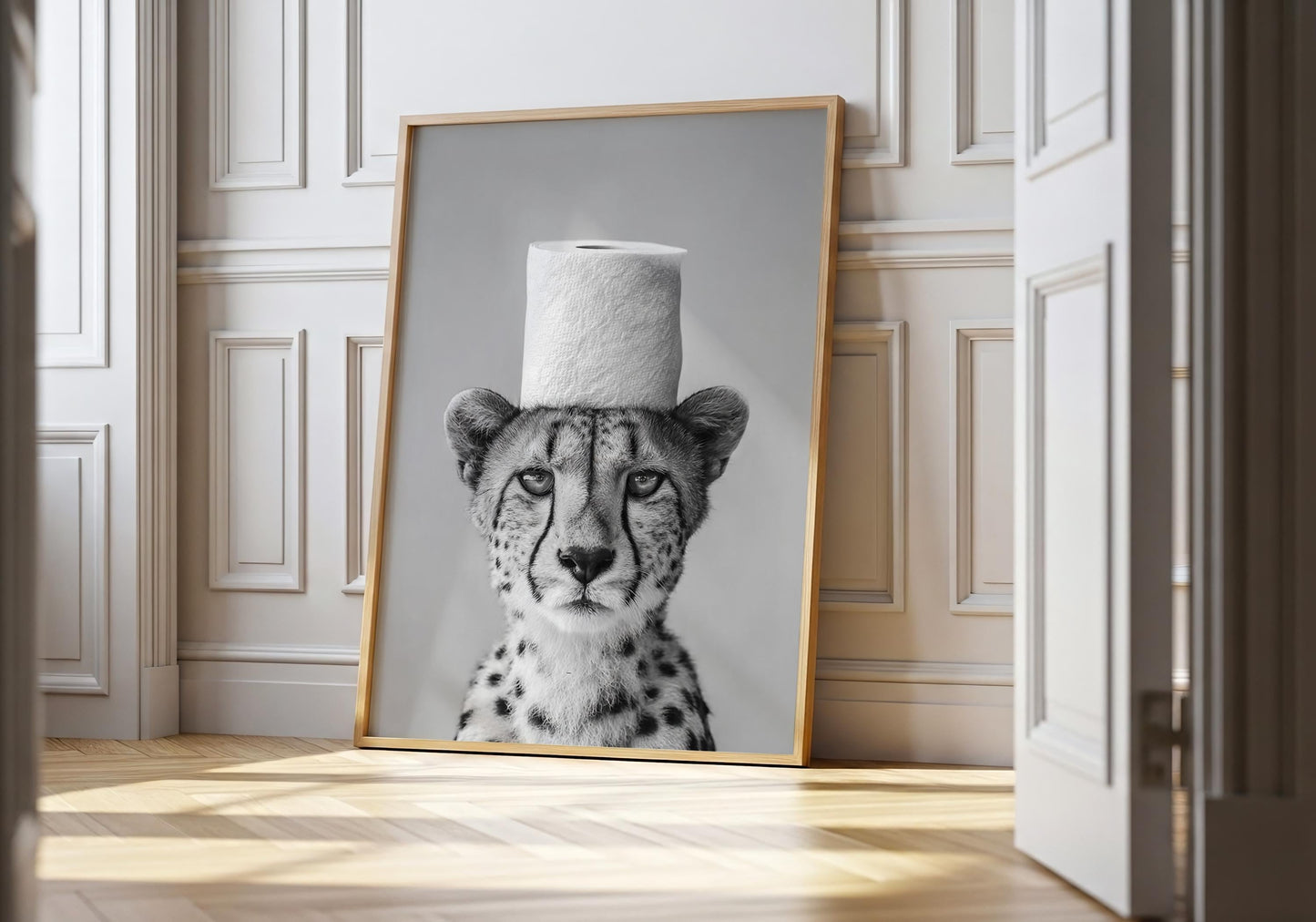 Cheetah Bathroom Print - Funny Animal Toilet Wall Art, Black White Safari Bathroom Decor, Minimalist Poster