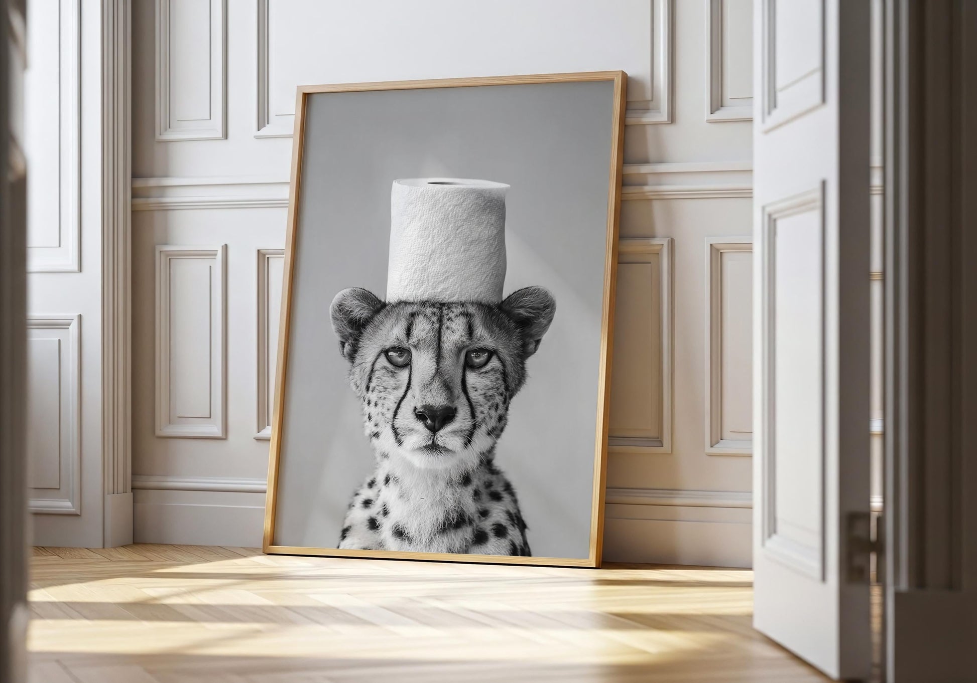Cheetah Bathroom Print - Funny Animal Toilet Wall Art, Black White Safari Bathroom Decor, Minimalist Poster