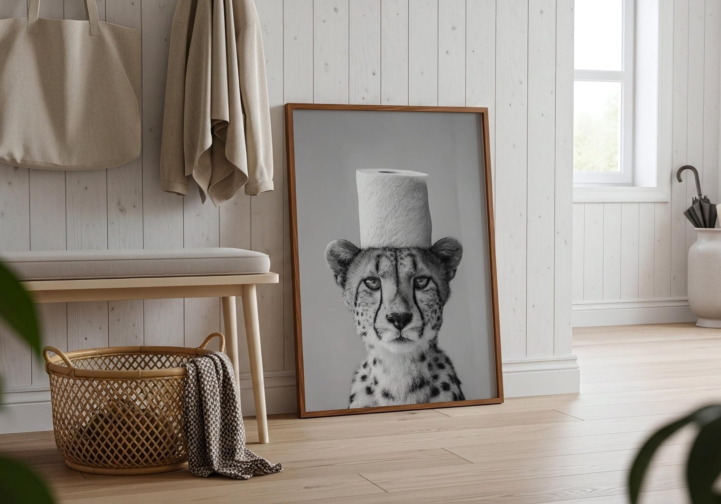 Cheetah Bathroom Print - Funny Animal Toilet Wall Art, Black White Safari Bathroom Decor, Minimalist Poster