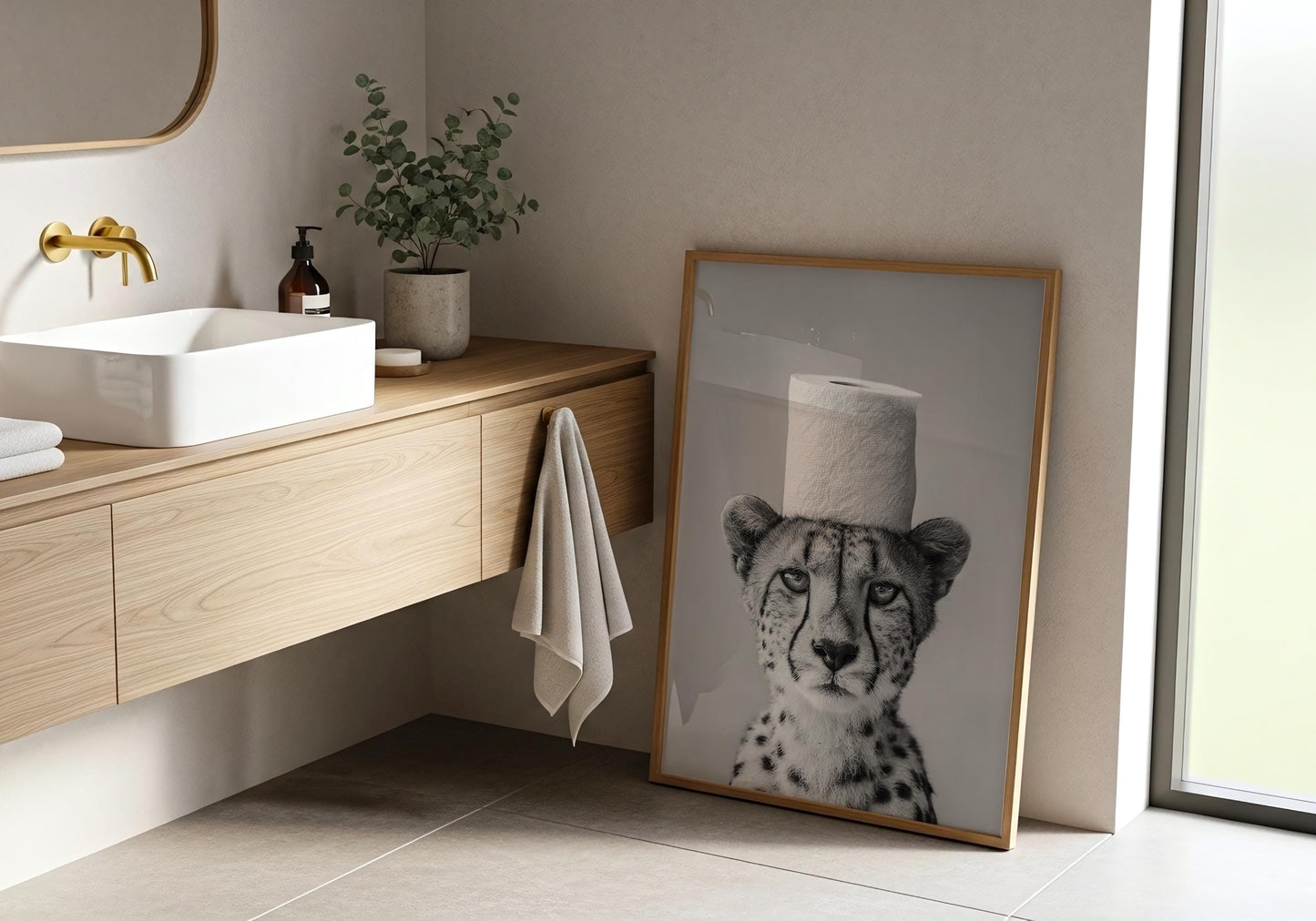 Cheetah Bathroom Print - Funny Animal Toilet Wall Art, Black White Safari Bathroom Decor, Minimalist Poster