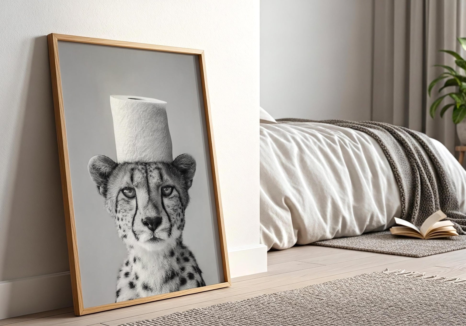 Cheetah Bathroom Print - Funny Animal Toilet Wall Art, Black White Safari Bathroom Decor, Minimalist Poster
