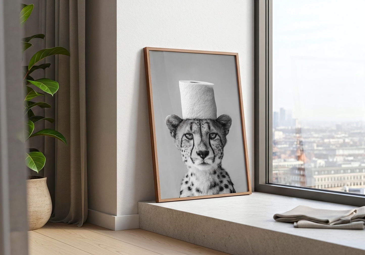 Cheetah Bathroom Print - Funny Animal Toilet Wall Art, Black White Safari Bathroom Decor, Minimalist Poster