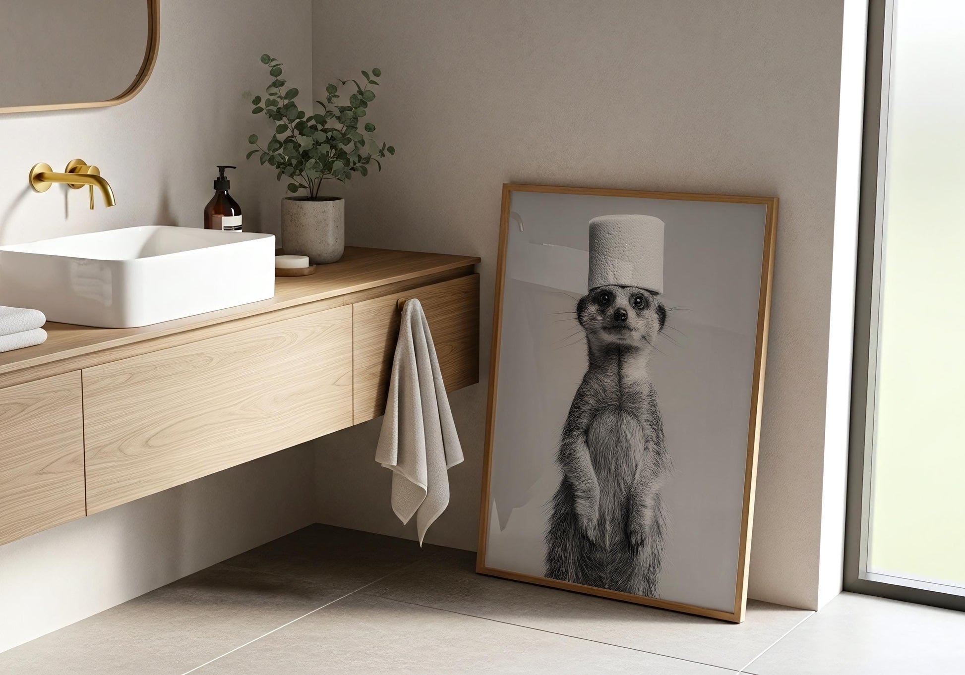Meerkat Bathroom Print - Funny Animal Toilet Wall Art, Black White Bathroom Decor, Cute Meerkat Poster