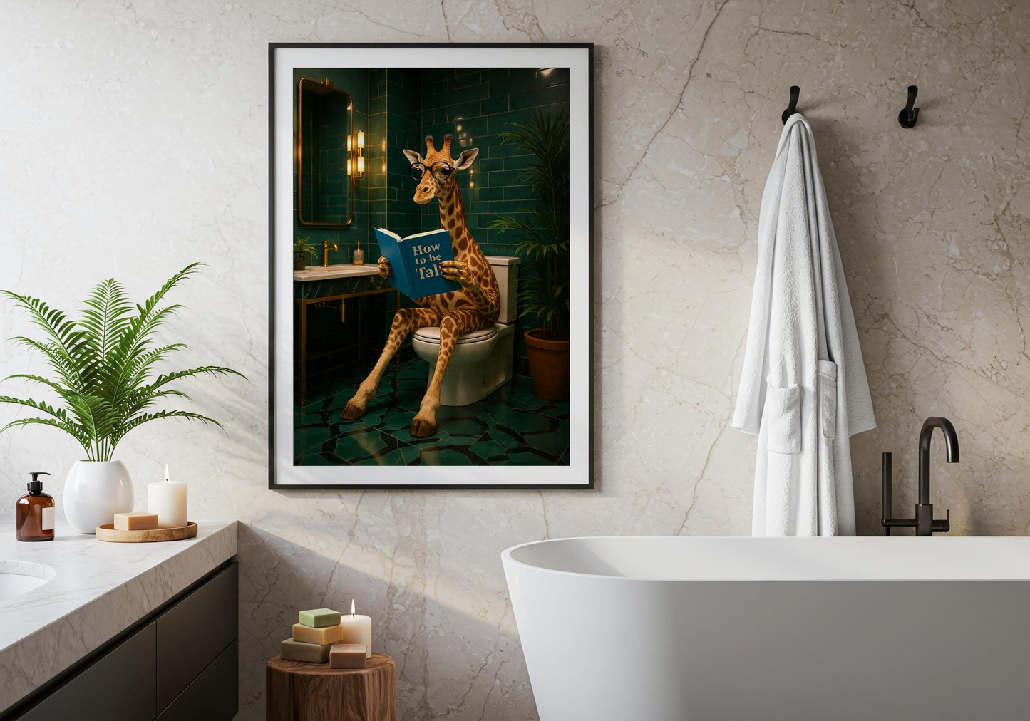 Funny Giraffe Art - Giraffe bathroom decor, downstairs toilet, funny Giraffe print, animal on toilet poster, cloakroom wall art