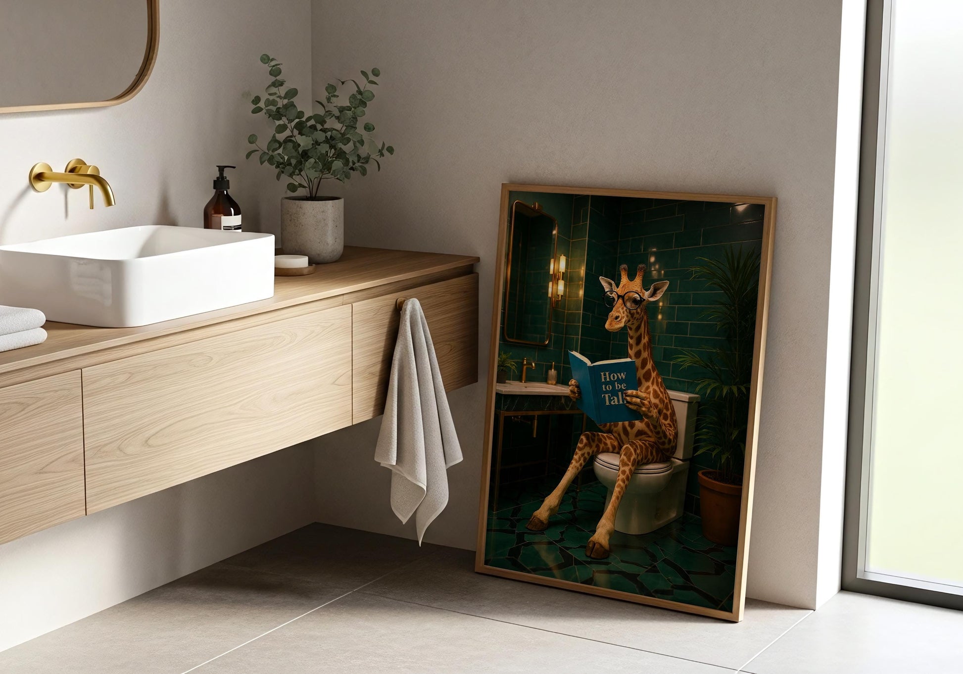 Funny Giraffe Art - Giraffe bathroom decor, downstairs toilet, funny Giraffe print, animal on toilet poster, cloakroom wall art