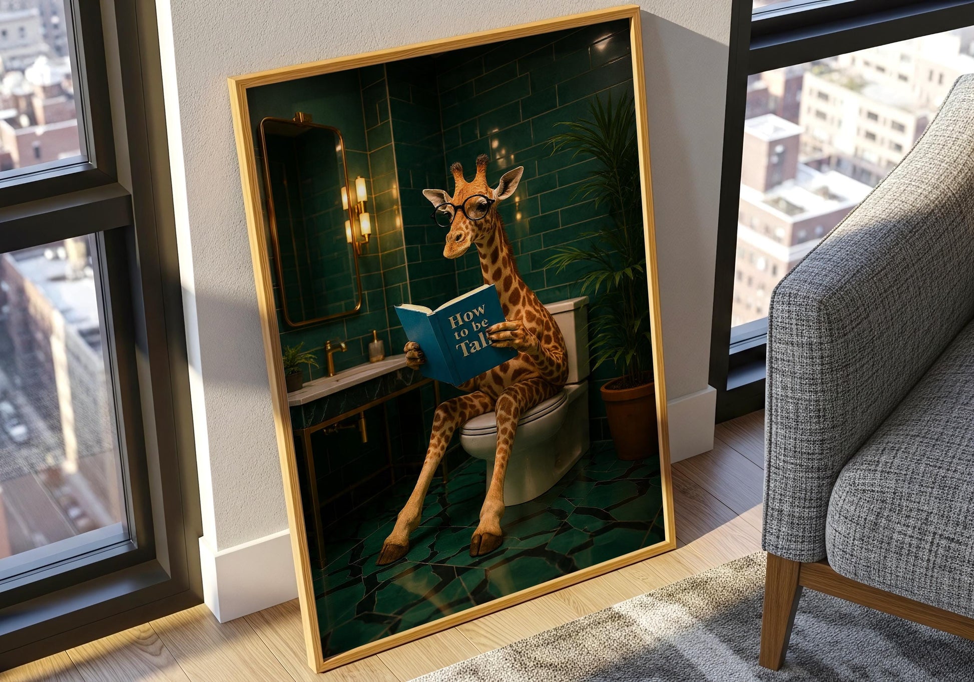 Funny Giraffe Art - Giraffe bathroom decor, downstairs toilet, funny Giraffe print, animal on toilet poster, cloakroom wall art