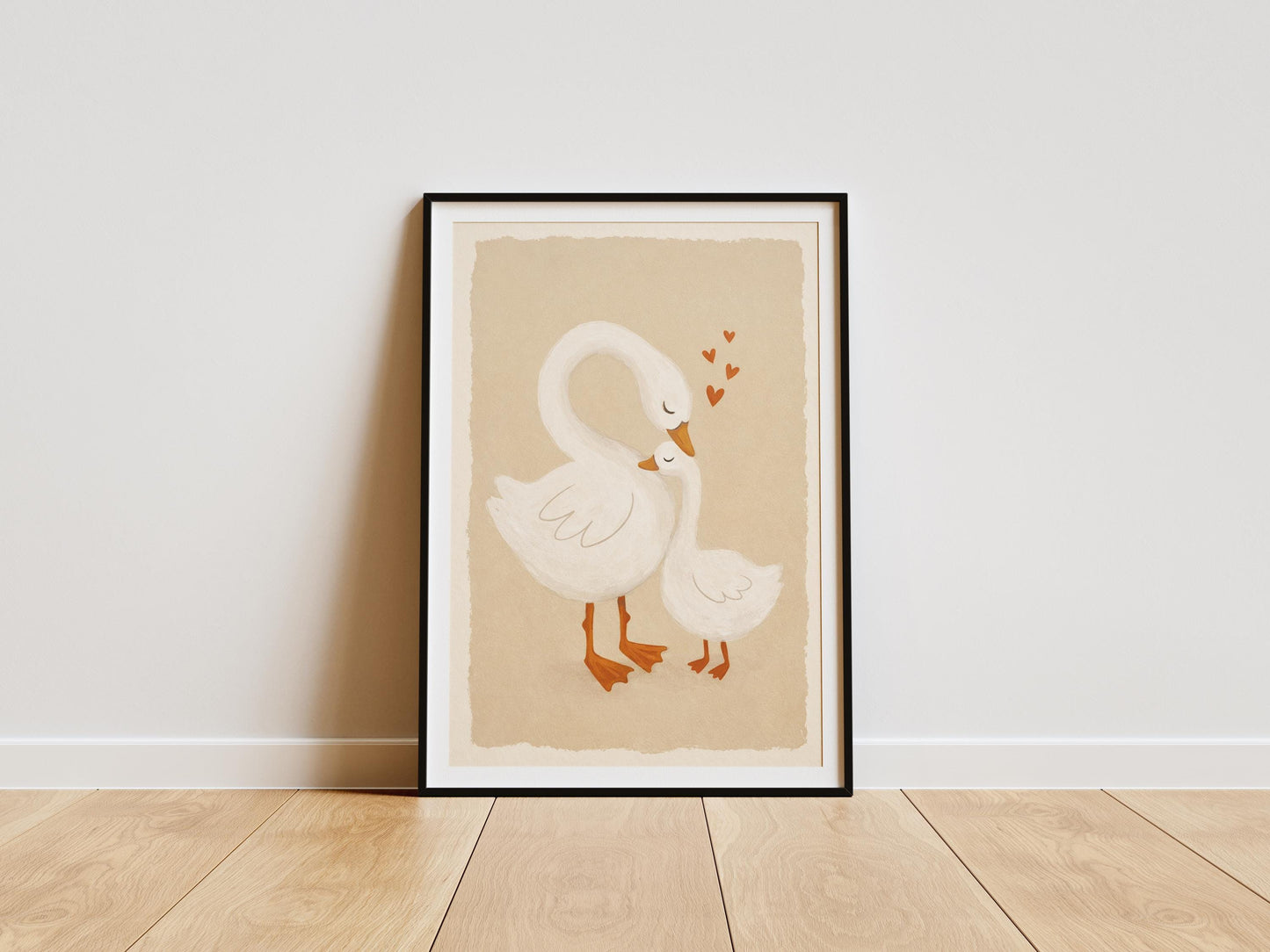 Mama and baby swan nursery print with hearts neutral boho baby room wall art