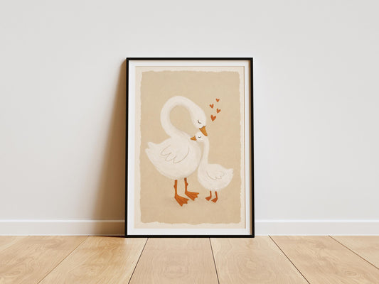 Mama and baby swan nursery print with hearts neutral boho baby room wall art