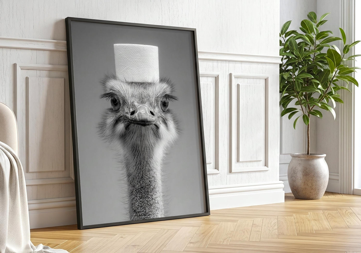 Ostrich Bathroom Print - Funny Animal Toilet Wall Art, Black White Bathroom Decor, Quirky Ostrich Poster
