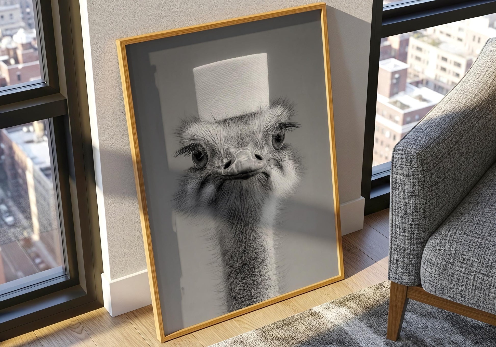 Ostrich Bathroom Print - Funny Animal Toilet Wall Art, Black White Bathroom Decor, Quirky Ostrich Poster