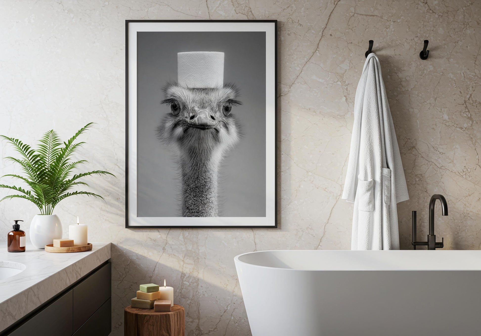 Ostrich Bathroom Print - Funny Animal Toilet Wall Art, Black White Bathroom Decor, Quirky Ostrich Poster