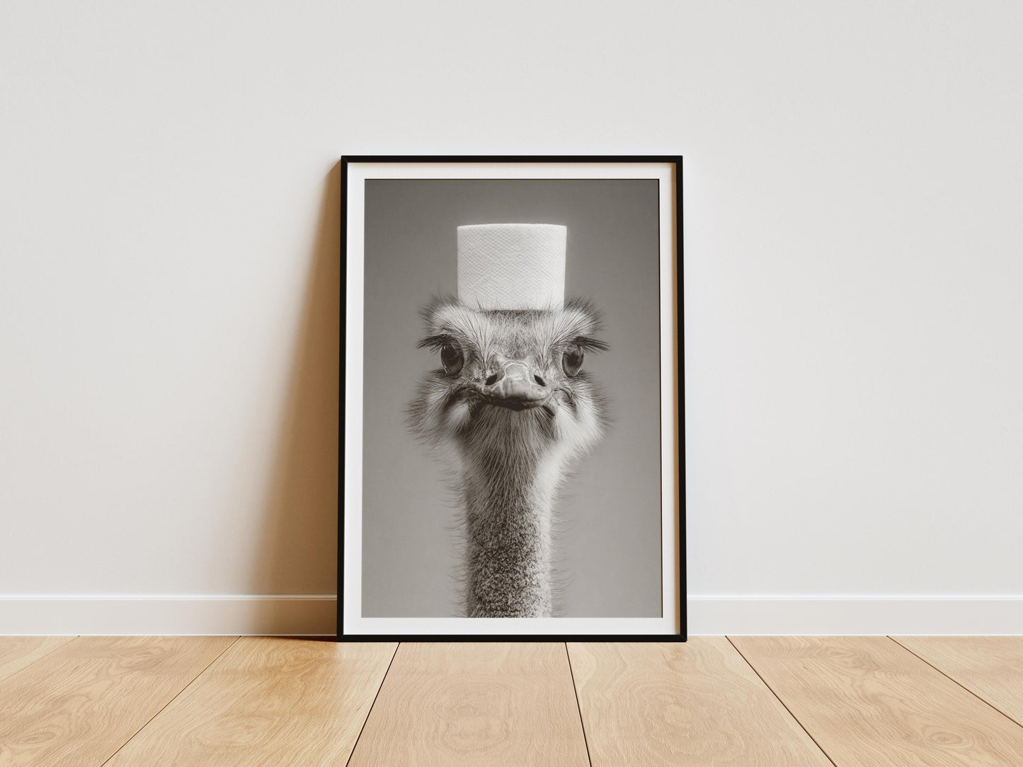 Funny ostrich bathroom print with toilet paper roll on head black and white wall art